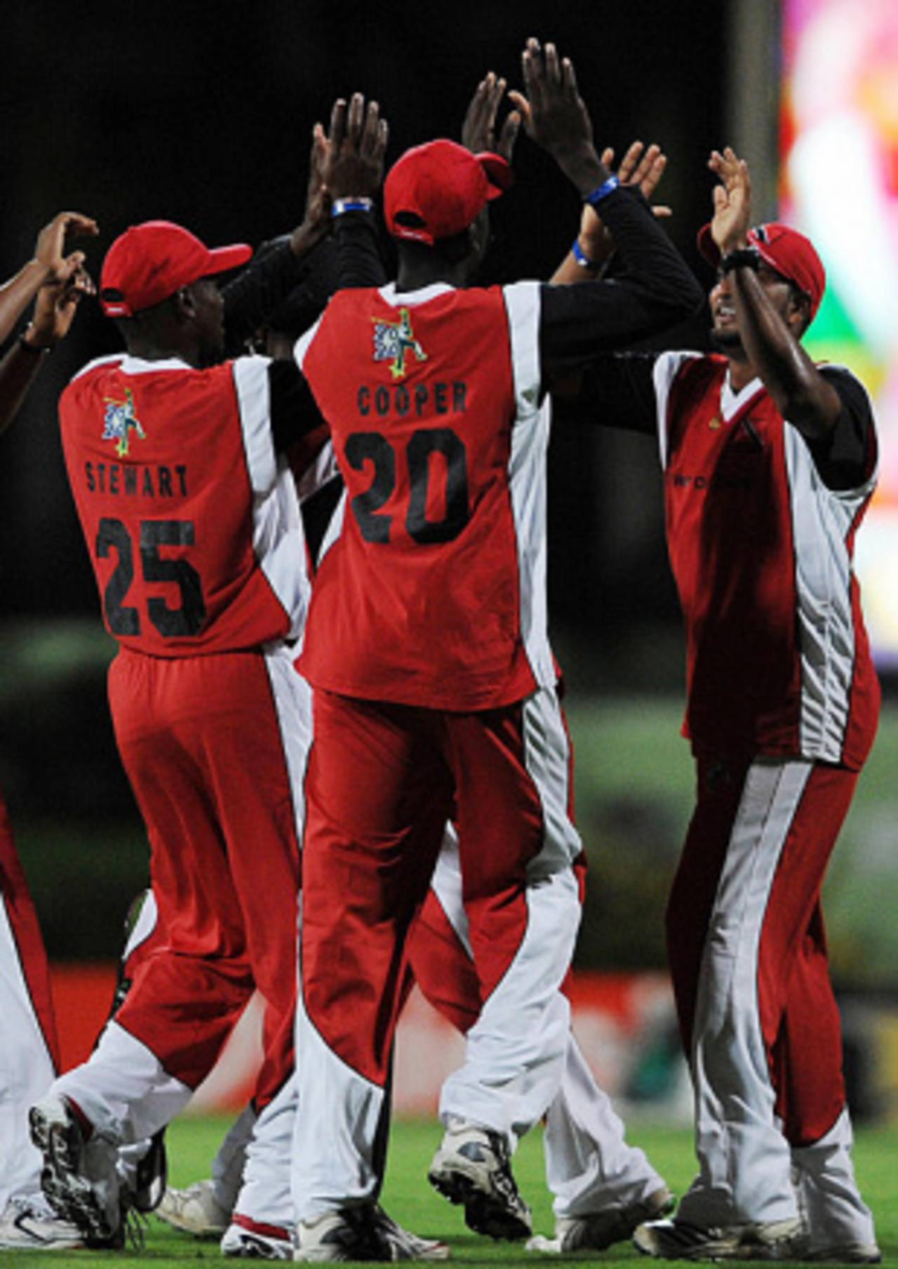 Trinidad's bowlers celebrate two early wickets, Stanford Superstars v Trinidad & Tobago, Antigua, October 25, 2008