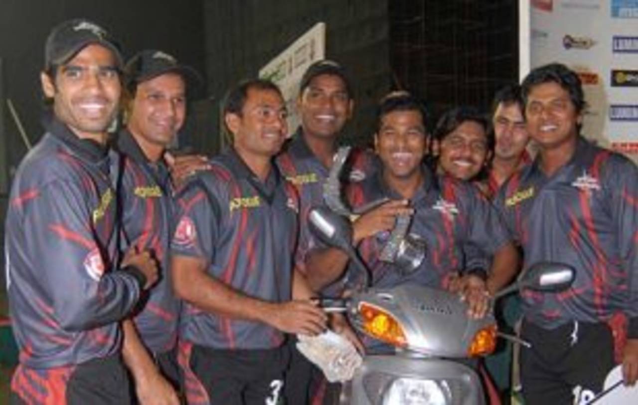 The Dhaka Warriors team is all smiles after the win, Dhaka Warriors v Mumbai Champs, ICL, 21st match, Gurgaon, October 27, 2008