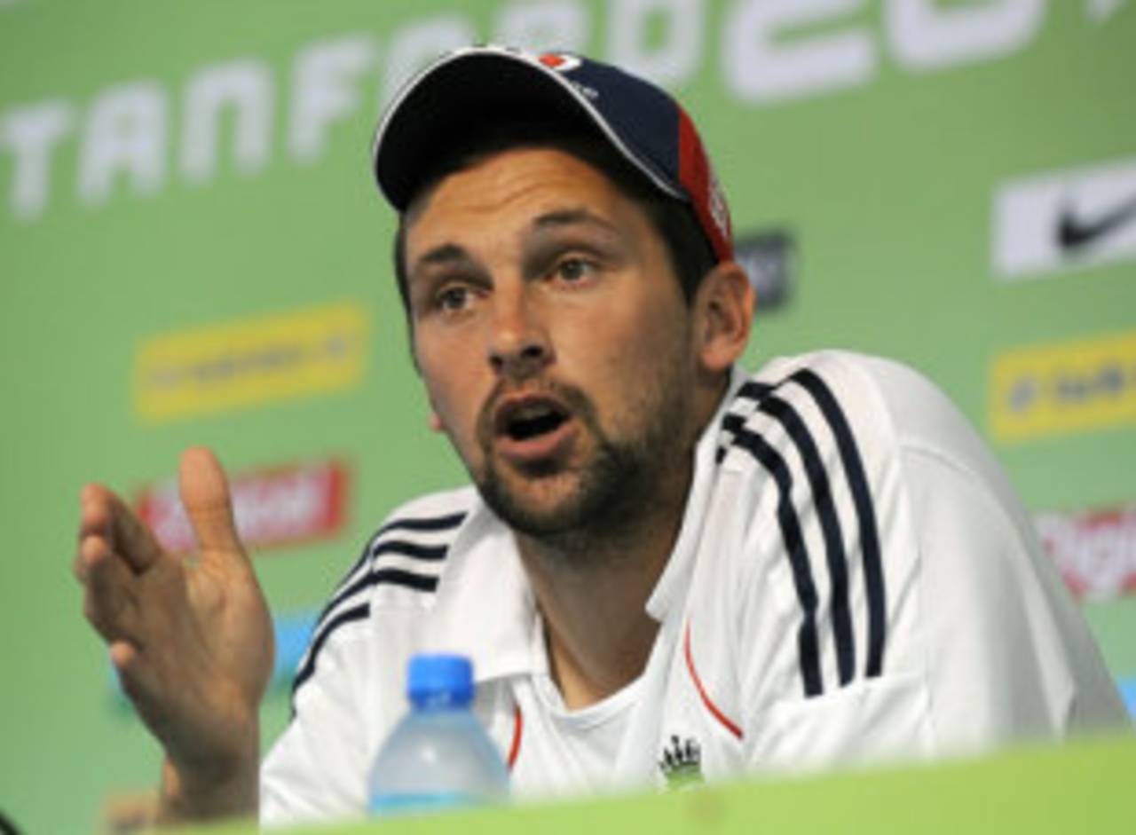 Steve Harmison answers questions from the media, Stanford 20/20 for 20,  Antigua, October 29, 2008