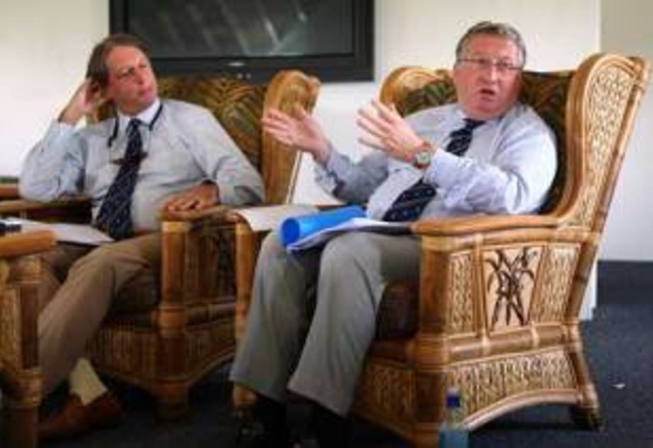 Giles Clarke (left) and David Collier chat to the media, Antigua, November 1, 2008