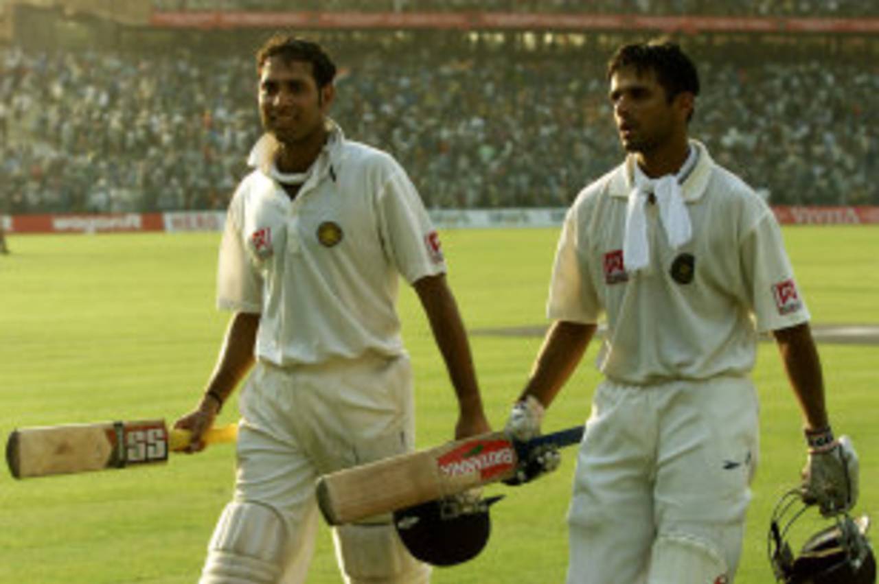 VVS Laxman and Rahul Dravid walk back after their unbeaten 357-run stand, India v Australia, 2nd Test, Kolkata, 4th day, March 14, 2001