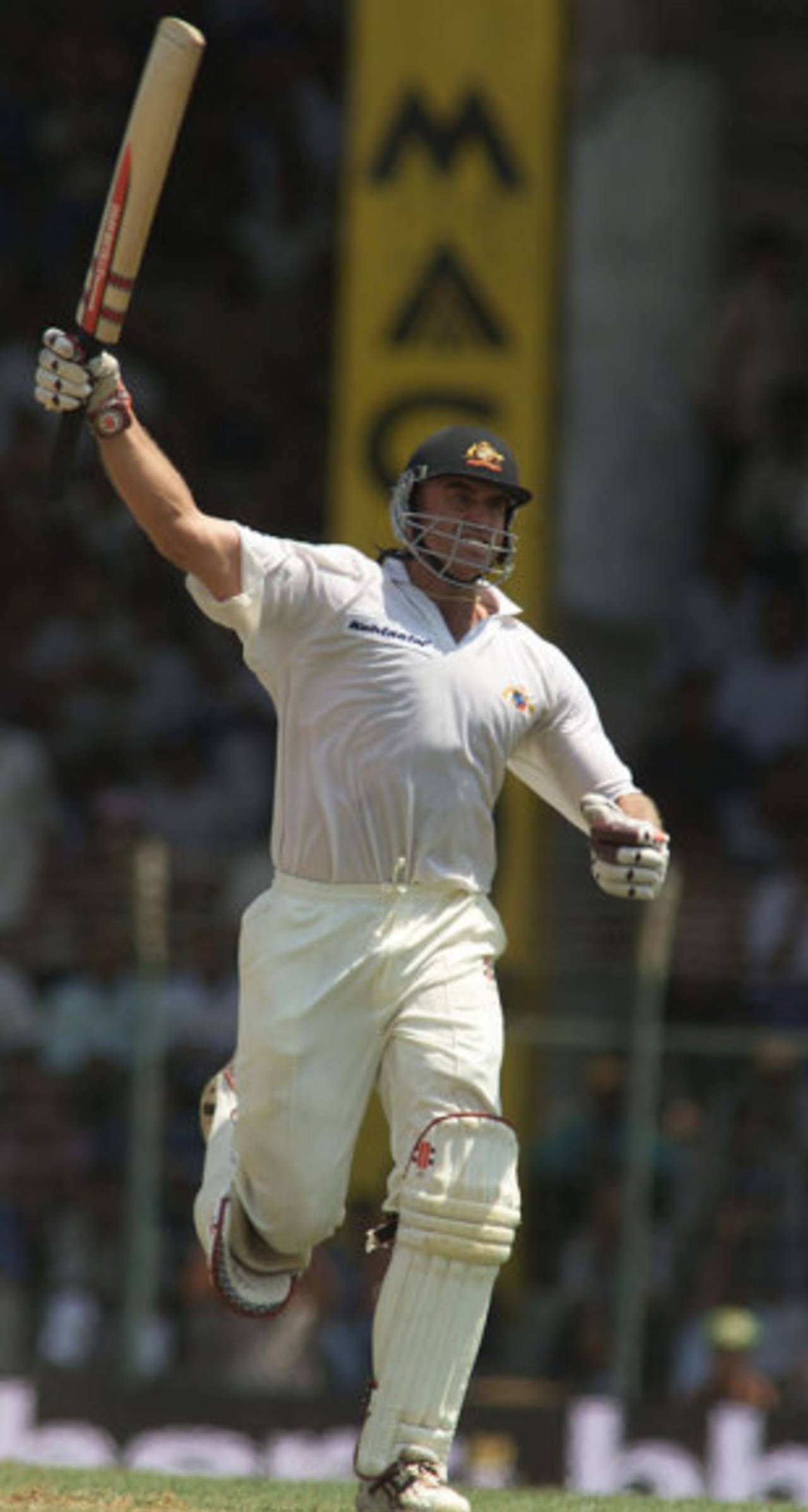 Matthew Hayden celebrates his double-century, India v Australia, 3rd Test, Chennai, 2nd day,  March 19, 2001
