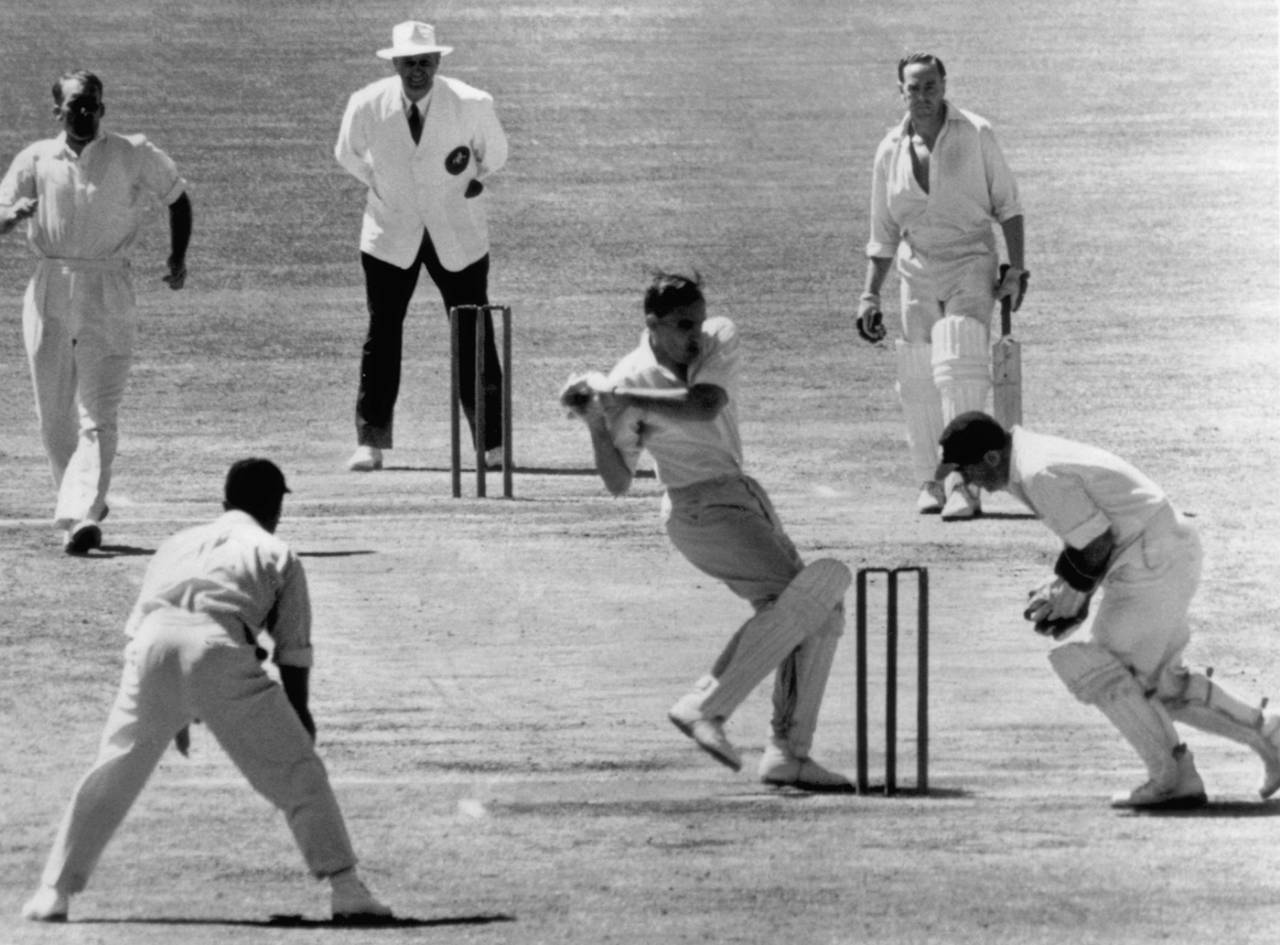 Alan Davidson plays and misses off John Wardle and the ball is caught by keeper Godfrey Evans, Australia v England, 4th Test, Adelaide, 5th day, February 2, 1955
