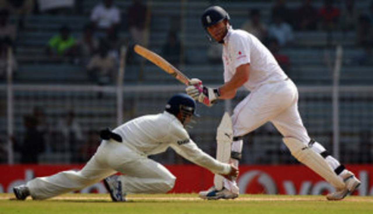 Andrew Flintoff is caught by Gautam Gambhir at forward short leg, India v England, 1st Test, Chennai, 2nd day, December 12, 2008