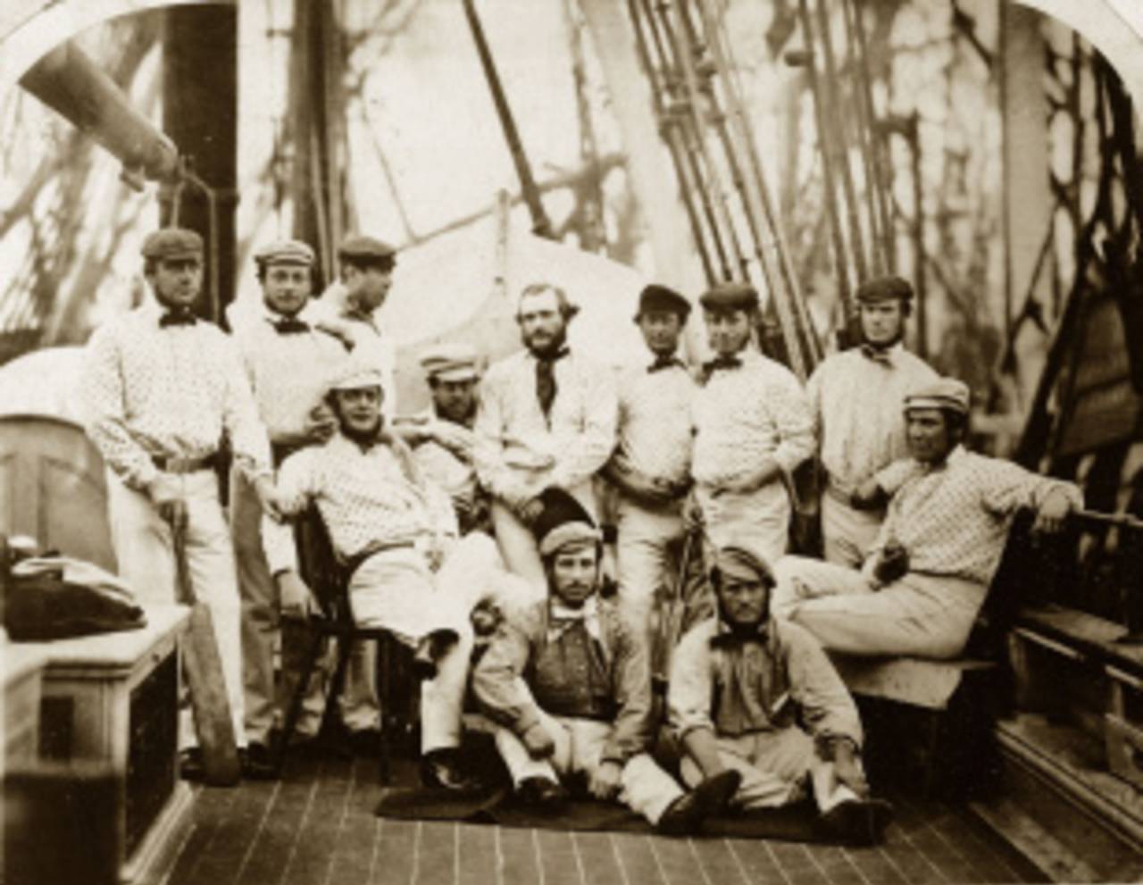 England's 12 Champion Cricketers on board a ship at Liverpool bound for America in September 1859. Back row (from left to right): Bob Carpenter, William Caflyn, Tom Lockyer, John Wisden (seated), HH Stephenson, George Parr, John Grundy, Julius Cesar, Tom Hayward and John Jackson. Seated at front: Alfred Diver and John Lillywhite.