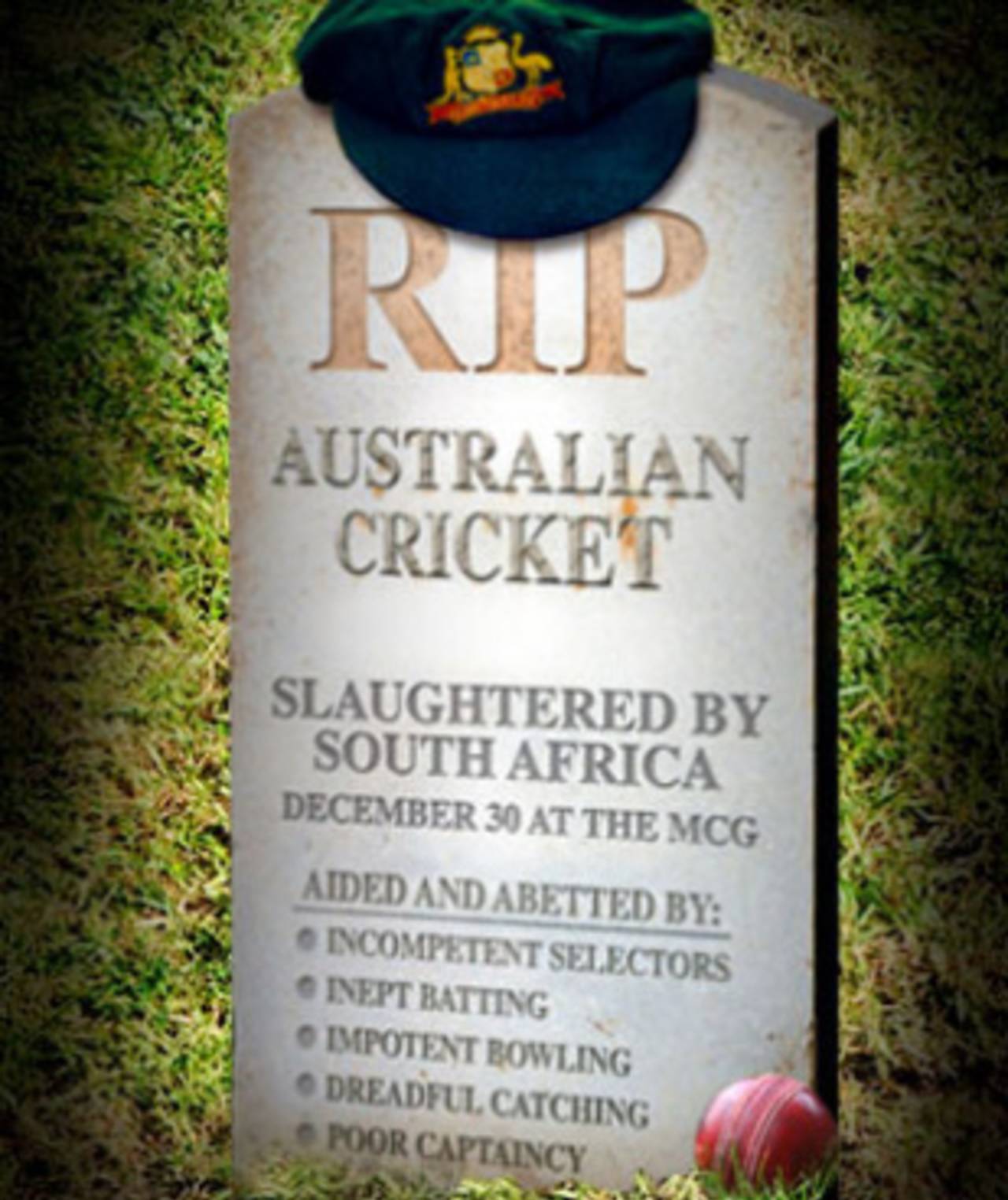 The Daily Telegraph's reaction to Australia's first home-series defeat in 16 years, after South Africa won the Boxing Day Test by nine wickets in 2008&nbsp;&nbsp;&bull;&nbsp;&nbsp;The Daily Telegraph, Sydney