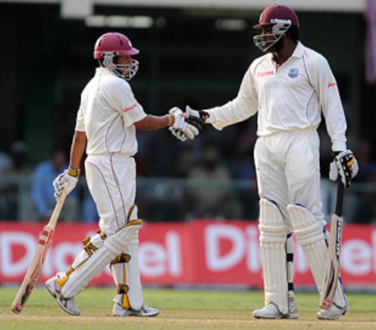 Ramnaresh Sarwan is congratulated on reaching his fifty by Chris Gayle, West Indies v England, 1st Test, Kingston, 2nd day, February 5, 2009