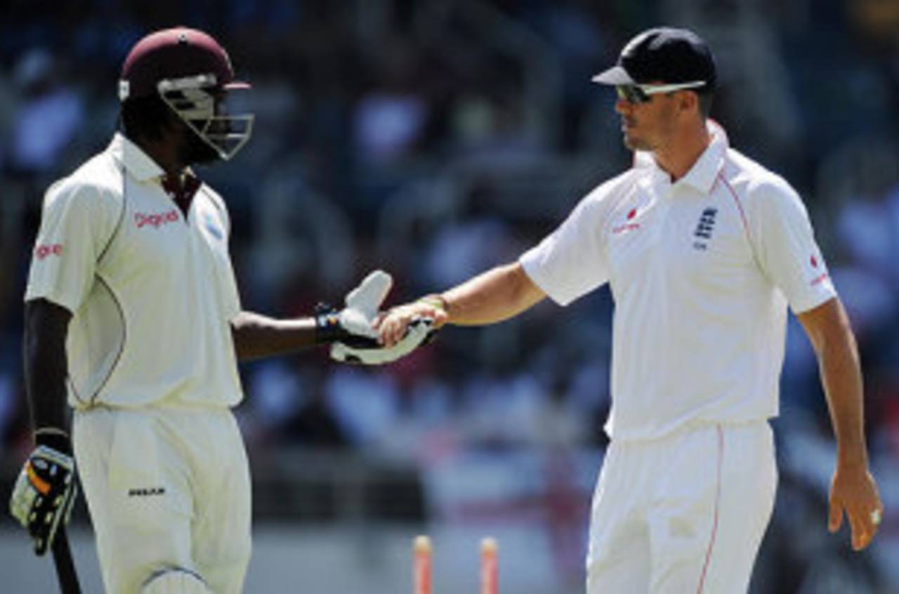 Kevin Pietersen congratulates Chris Gayle as his century comes to an end, West Indies v England, 1st Test, Kingston, February 6, 2009