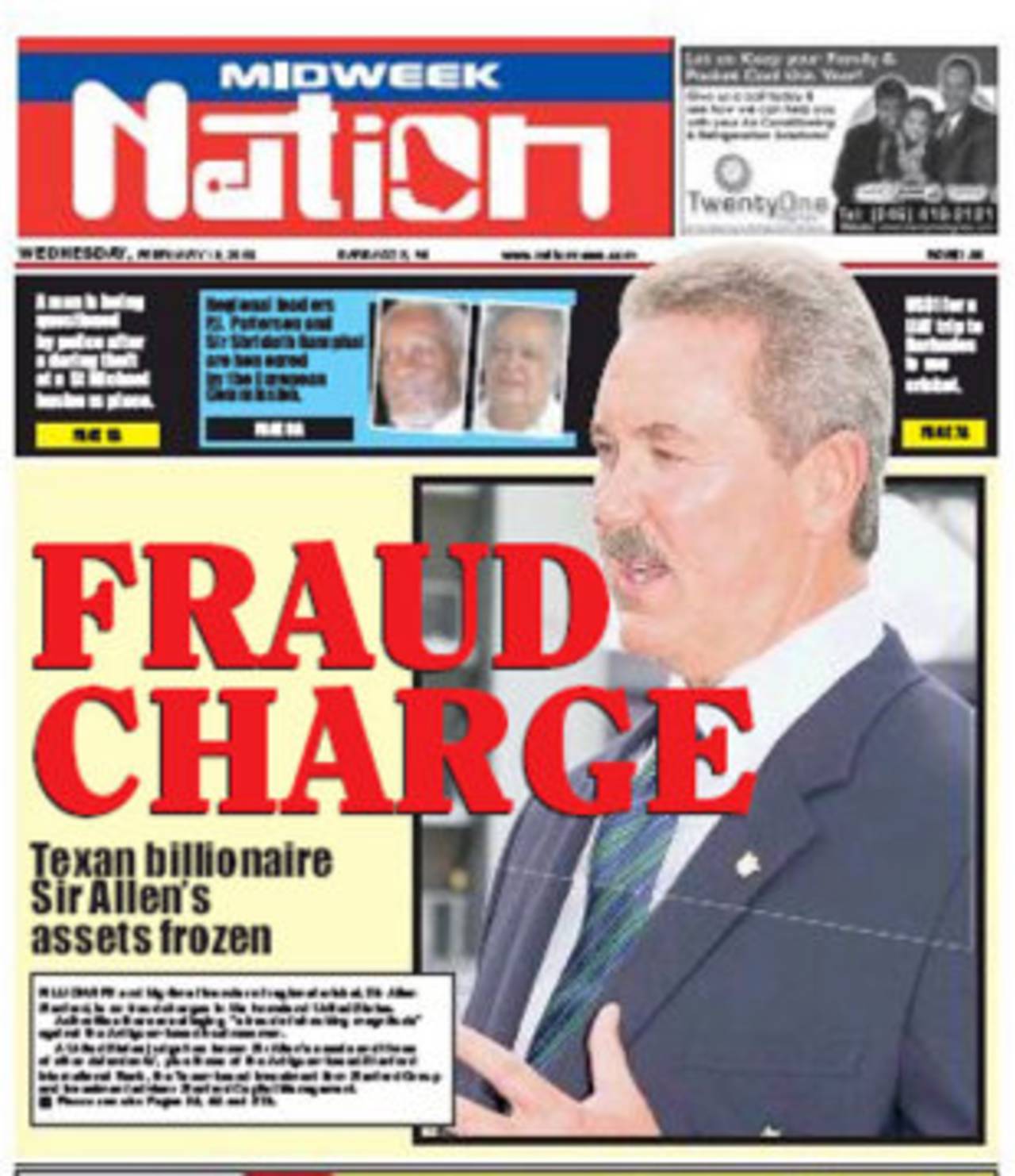 The front page of Barbados' Daily Nation on the latest Stanford crisis, February 18, 2009