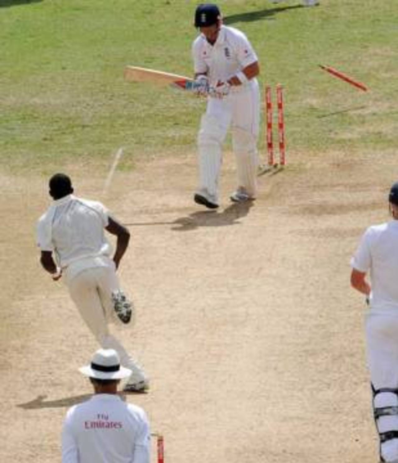 Matt Prior is bowled by Jerome Taylor, West Indies v England, first Test, Sabina Park, Kingston, February 7, 2009