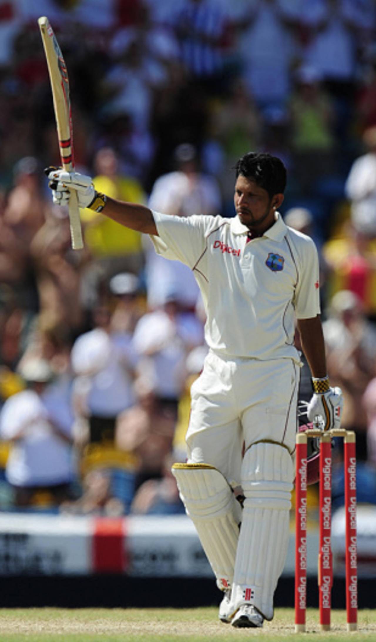 Ramnaresh Sarwan raises his bat on reaching his second double century in Tests, West Indies v England, Barbados, 4th Test, March 1, 2009