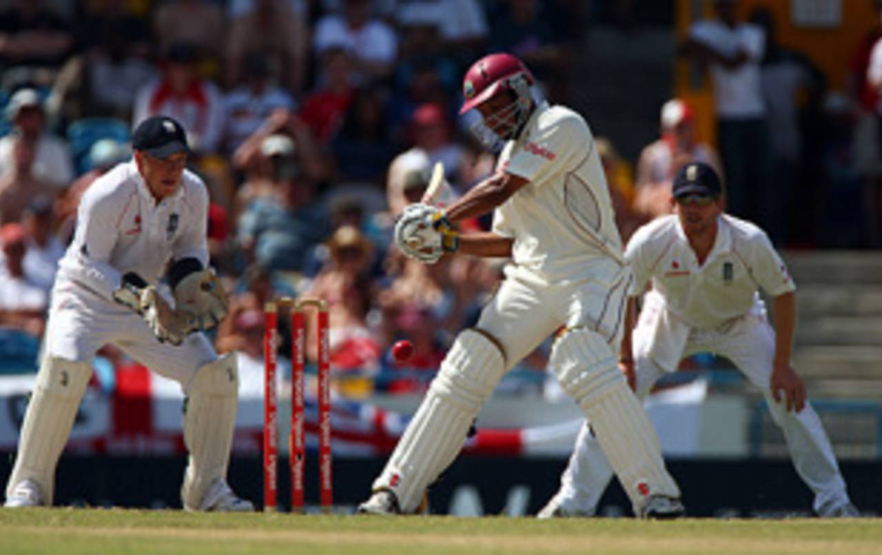 Ramnaresh Sarwan rocks back to cut, West Indies v England, Barbados, 4th Test, March 1, 2009