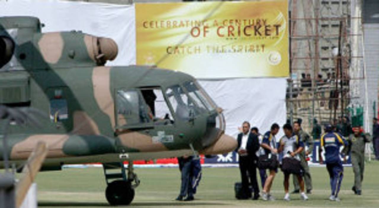 Sri Lankan players prepare to board a military helicopter at the Gaddafi Stadium in Lahore, following the attack&nbsp;&nbsp;&bull;&nbsp;&nbsp;PA Photos