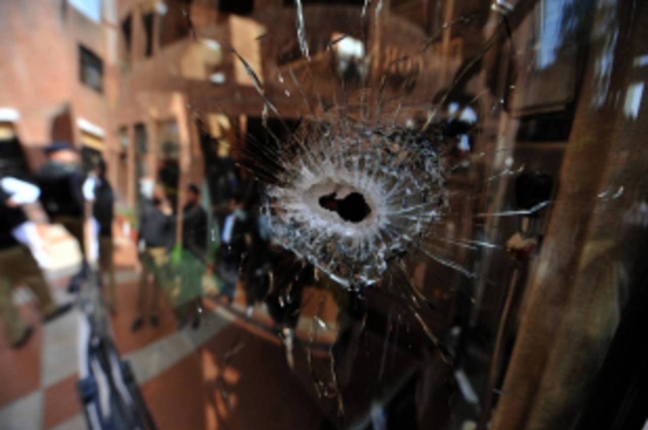 A shattered pane of the Sri Lankan team bus during the Lahore attack in 2009&nbsp;&nbsp;&bull;&nbsp;&nbsp;AFP