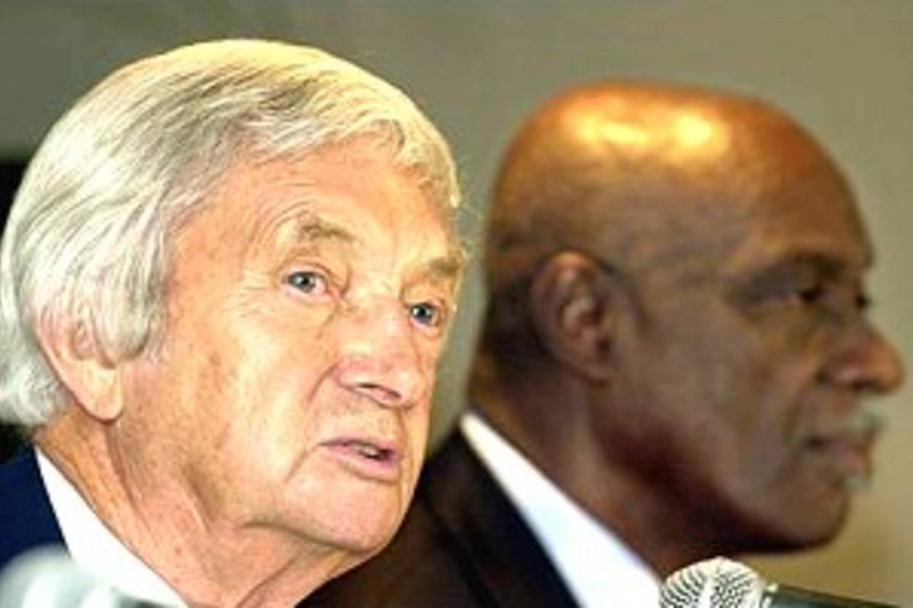 Richie Benaud of Australia and Wes Hall of the West Indies get together at the Sheraton Hotel in Brisbane, Australia to celebrate the 40th anniversary of the Tied Test which was played during the 1960-61 West Indies cricket tour of Australia.