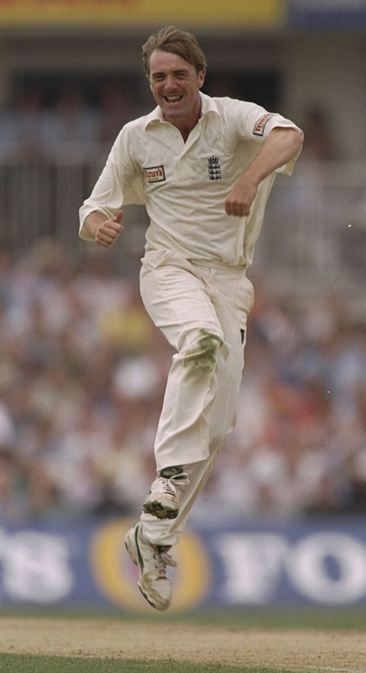Phil Tufnell leaps in delight on his way to 7 for 66, England v Australia, 6th Test, The Oval, August 23, 1997