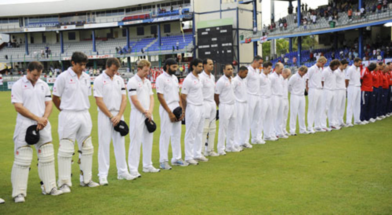 The two teams observe a minute's silence following the terrorist attack in Lahore earlier in the week, West Indies v England, 5th Test, Trinidad, March 6, 2009