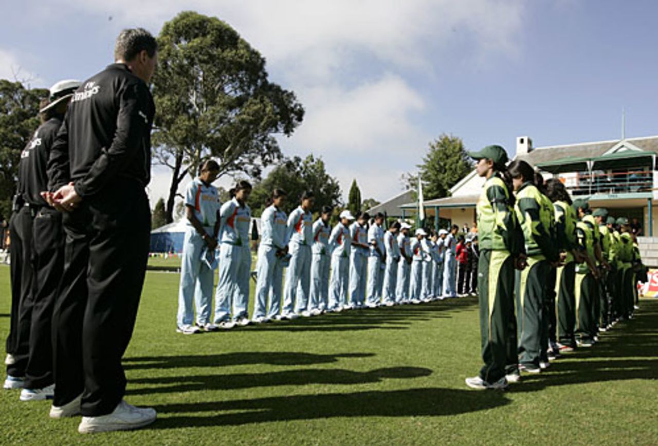 The two teams and match officials maintain a minute's silence in memory of those killed in the Lahore attack, India v Pakistan, Group B, women's World Cup, Bradman Oval, March 7, 2009