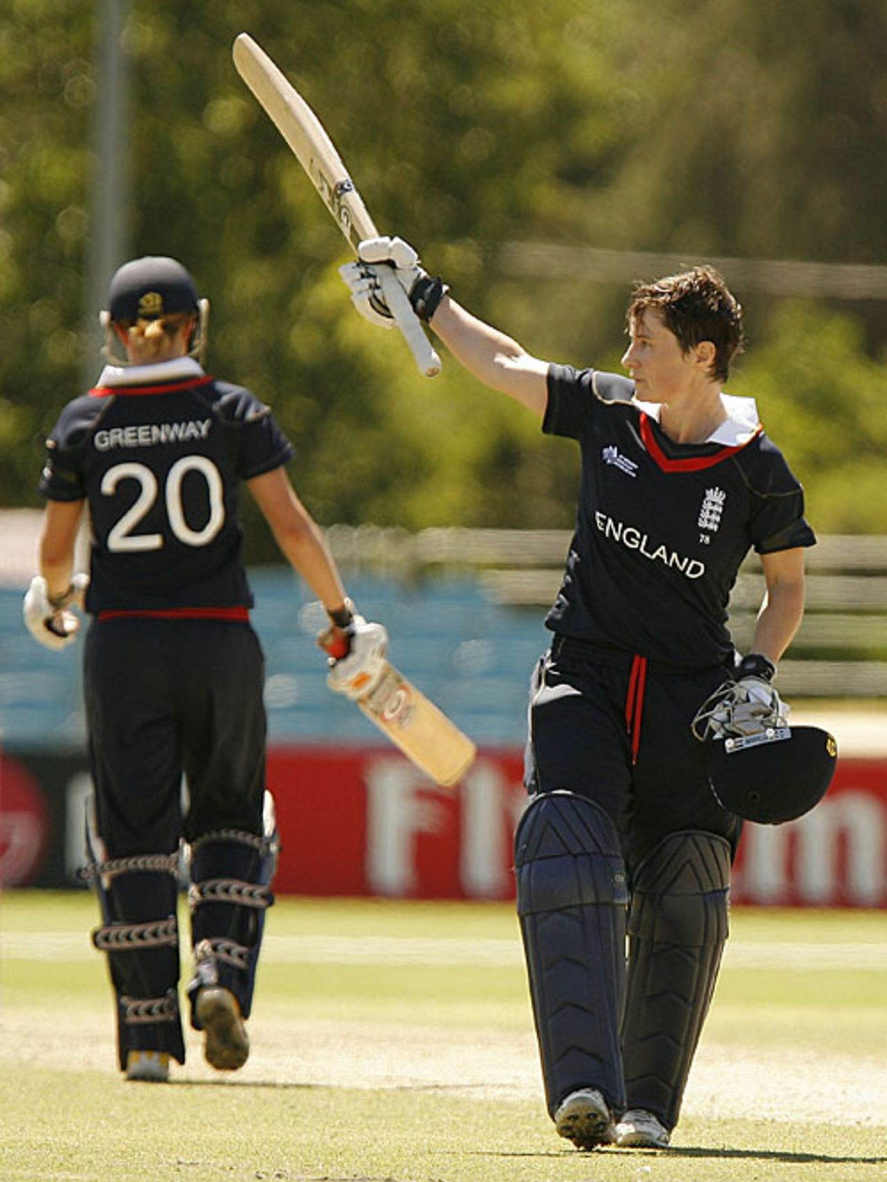 Claire Taylor raises the bat after reaching her eighth one-day hundred, England v Sri Lanka, Group B, women's World Cup, Canberra, March 7, 2009