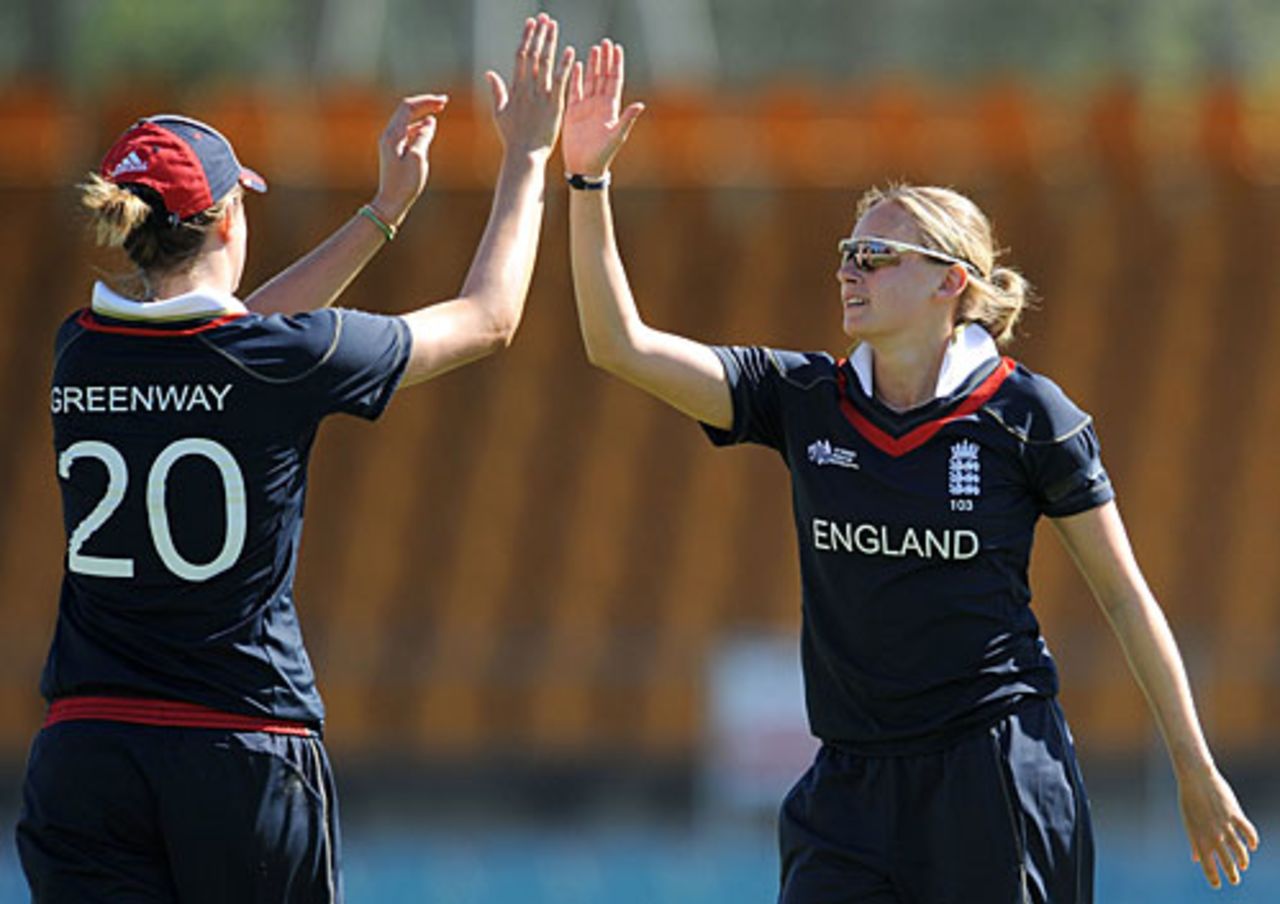 Lydia Greenway congratulates Laura Marsh for taking a wicket, England v Sri Lanka, Group B, women's World Cup, Canberra, March 7, 2009