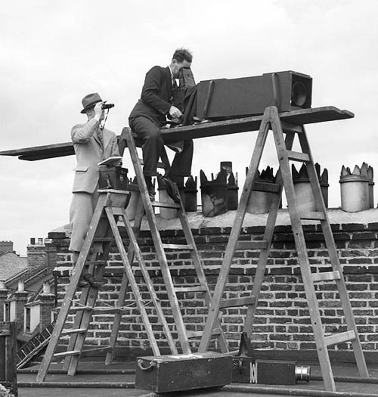 Photographers use a long-focus camera from a rooftop, England v Australia, 5th Test, The Oval, 1st day, August 20, 1938 
