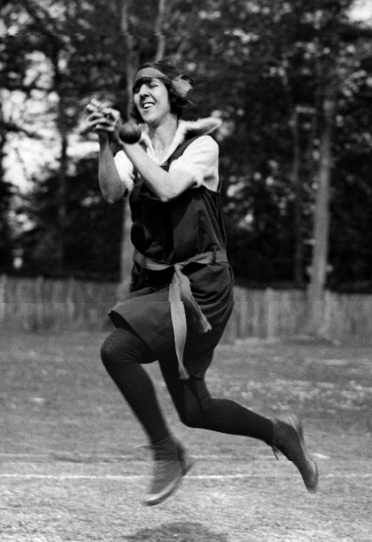  A member of the Addlestone women's cricket team misses a catch, 1924