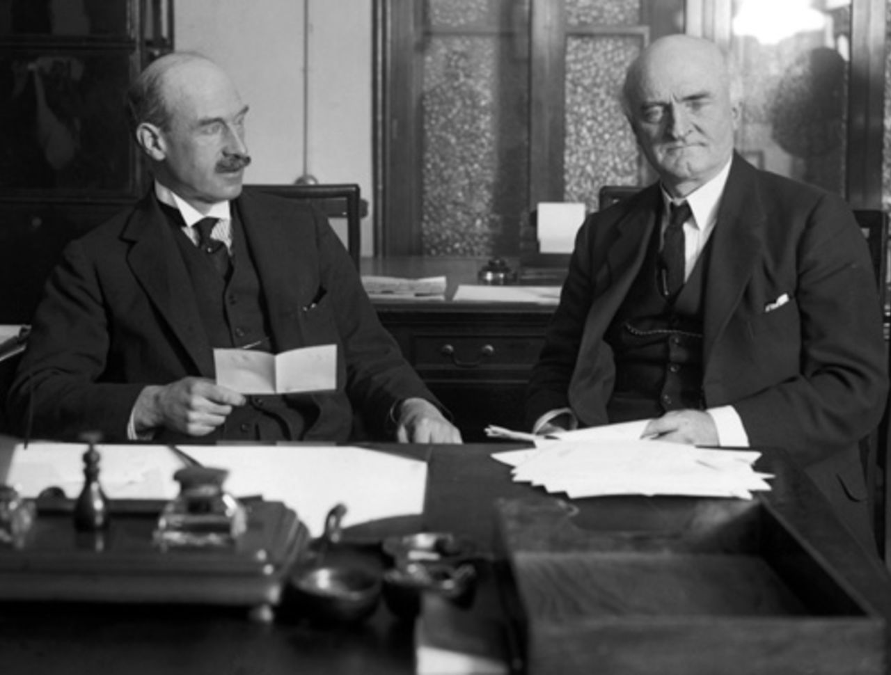 Sir William Reginald Hall,  a leading figure in British naval intelligence during World War I, with statesman and cricketer Colonel Frank Stanley Jackson, November 1923