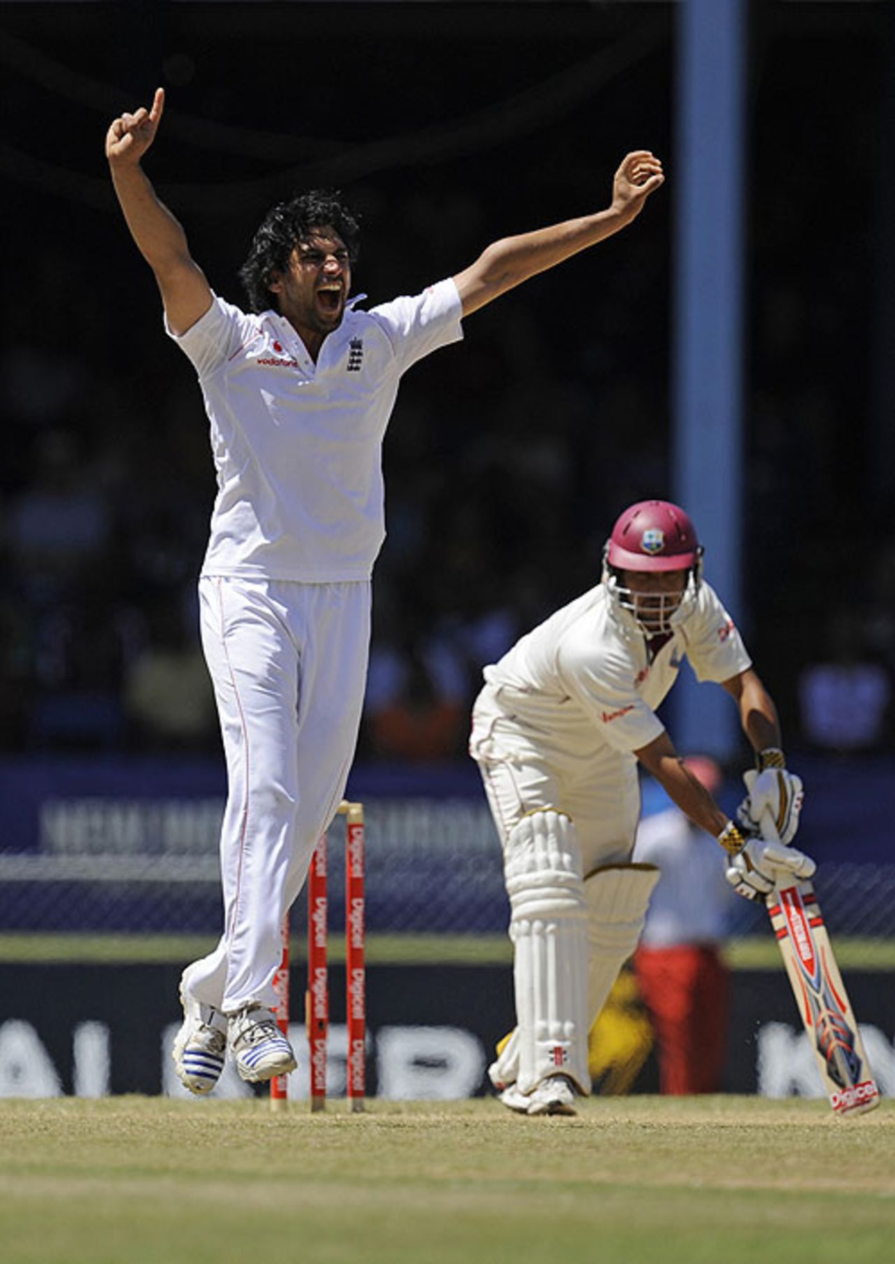 Amjad Khan celebrates his first Test wicket as Ramnaresh Sarwan fails for the first time in the series, West Indies v England, 5th Test, Trinidad, March 8, 2009