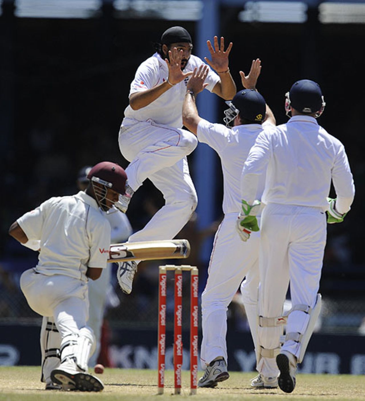 Monty Panesar leaps gleefully after dismissing Lendl Simmons, West Indies v England, 5th Test, Trinidad, March 8, 2009