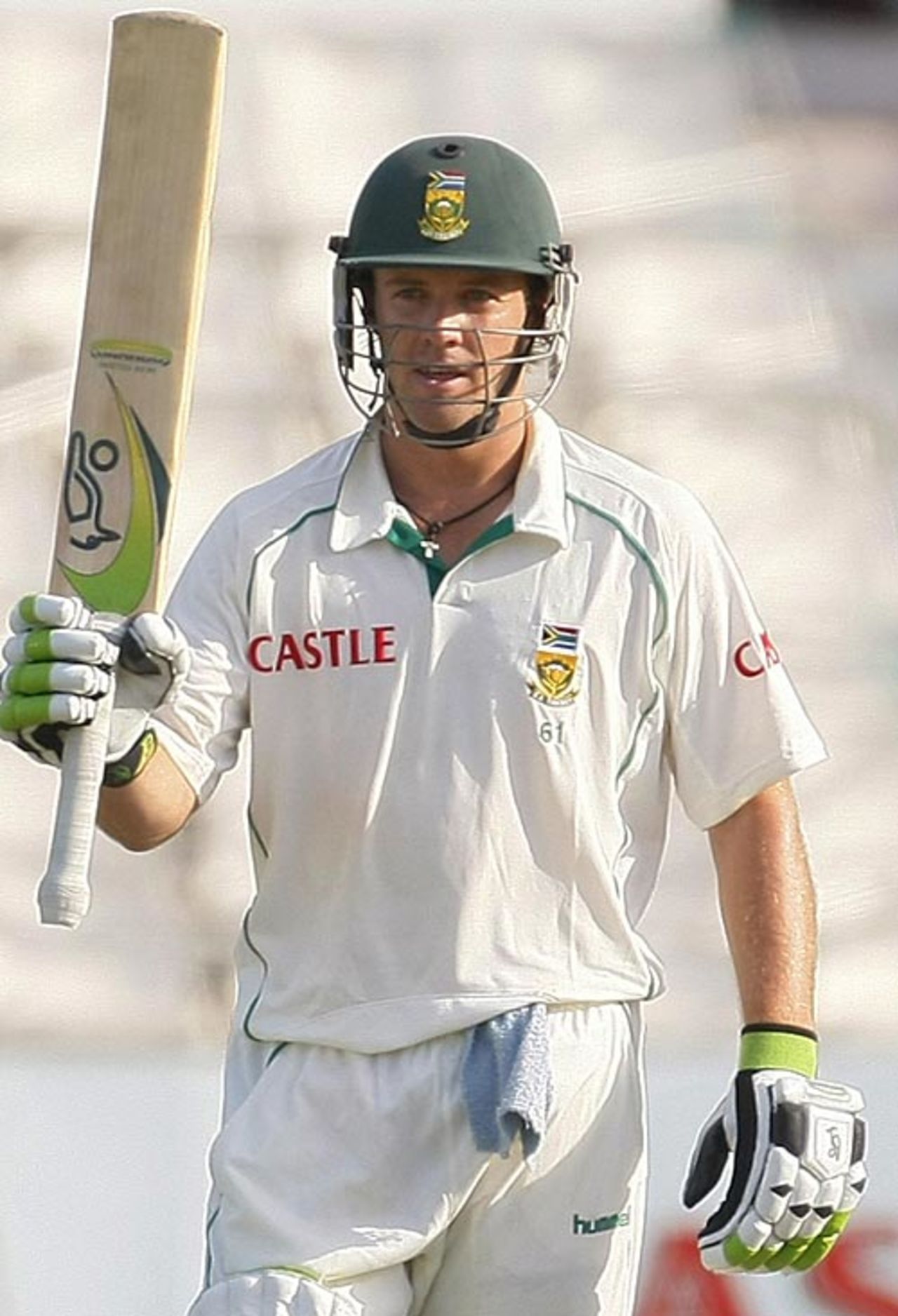 AB de Villiers raises his bat on reaching fifty, South Africa v Australia, Durban, 4th day, March 9, 2009
