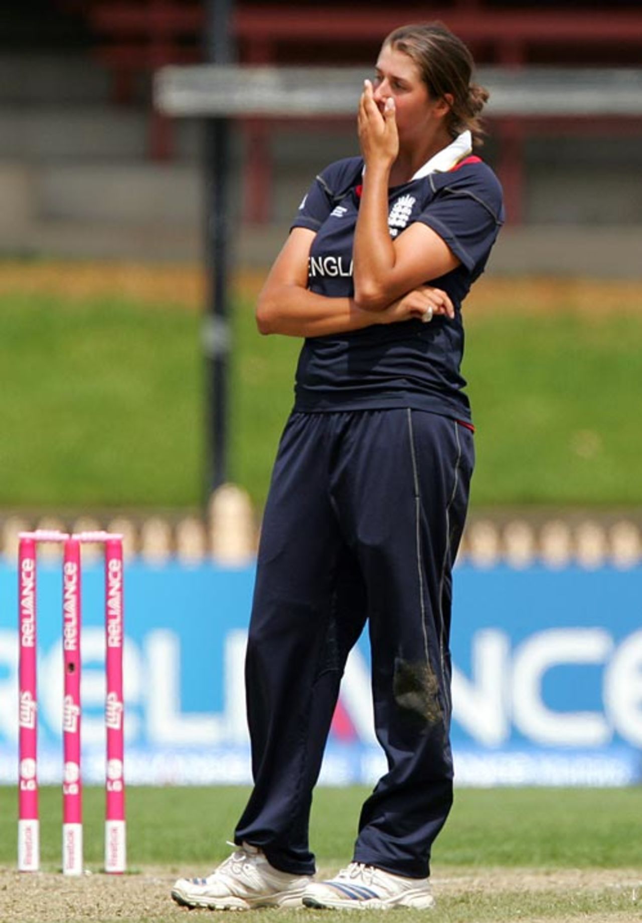 Jenny Gunn is disappointed after giving away a boundary, England v India, Group B, women's World Cup, Sydney, March 10, 2009
