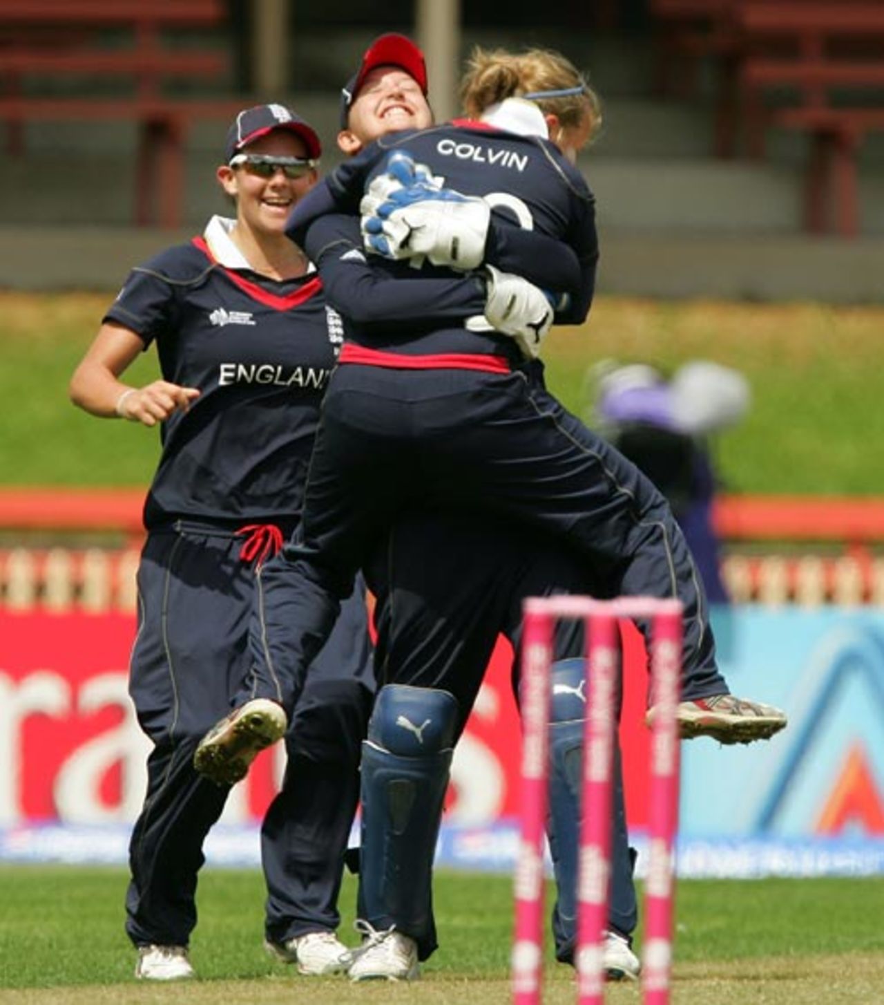 Wicketkeeper Sarah Taylor and Holly Colvin celebrate taking the wicket of Rumeli Dhar, England v India, Group B, women's World Cup, Sydney, March 10, 2009
