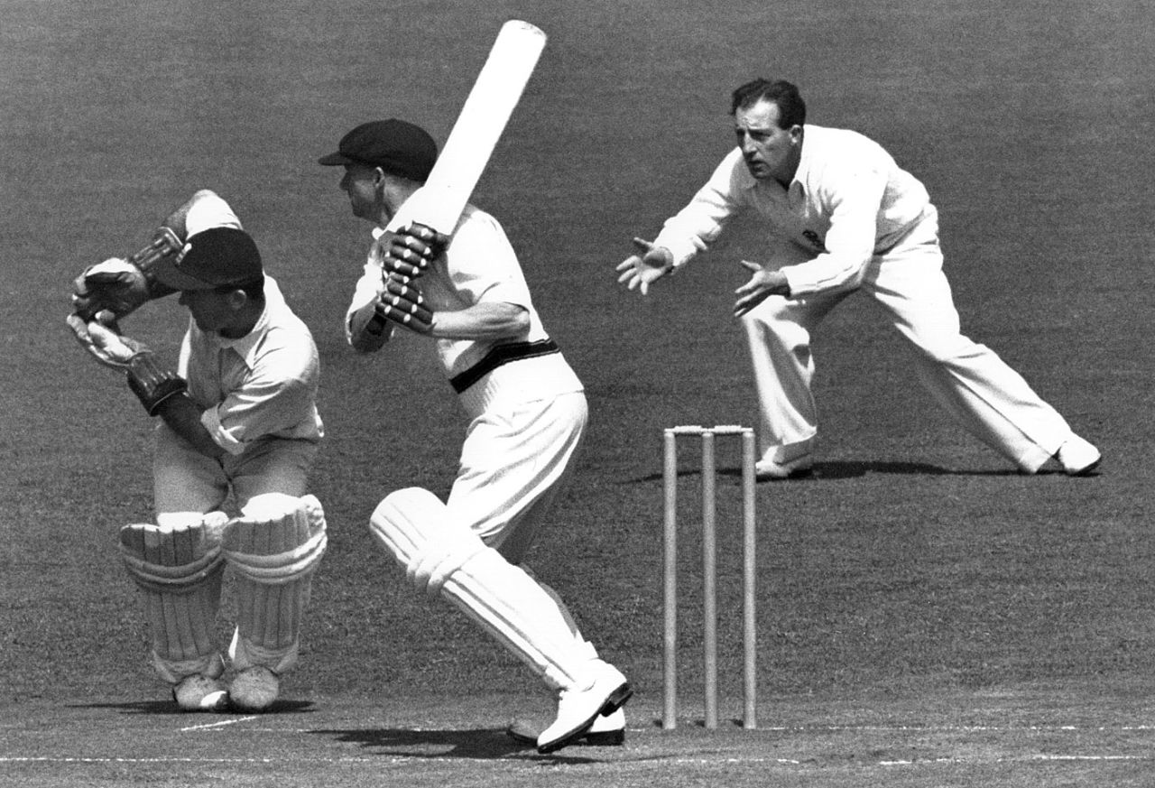 Don Bradman plays the cut while Godfrey Evans and Bill Edrich look on, England v Australia, 1st Test, Trent Bridge, 2nd day, June 11, 1948