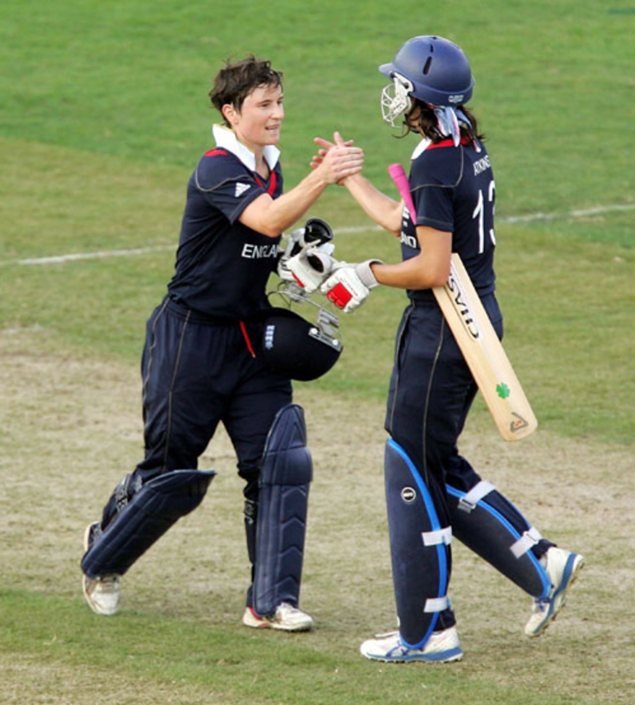 Claire Taylor and Caroline Atkins congratulate each other after securing the win, England v India, Group B, women's World Cup, Sydney, March 10, 2009
