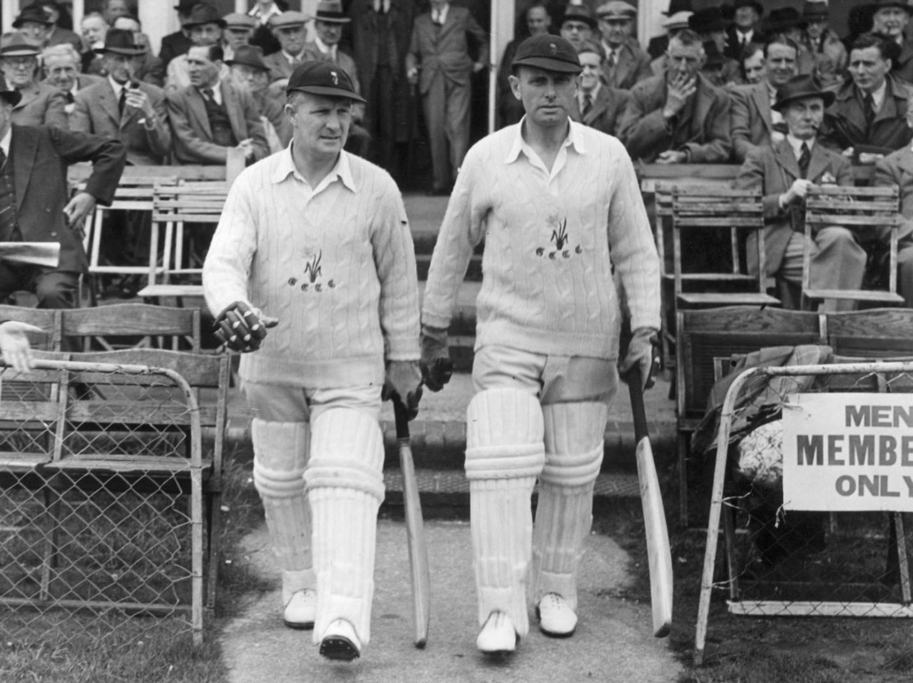 Emrys Davies and Arnold Dyson step out to open for Glamorgan, 1948