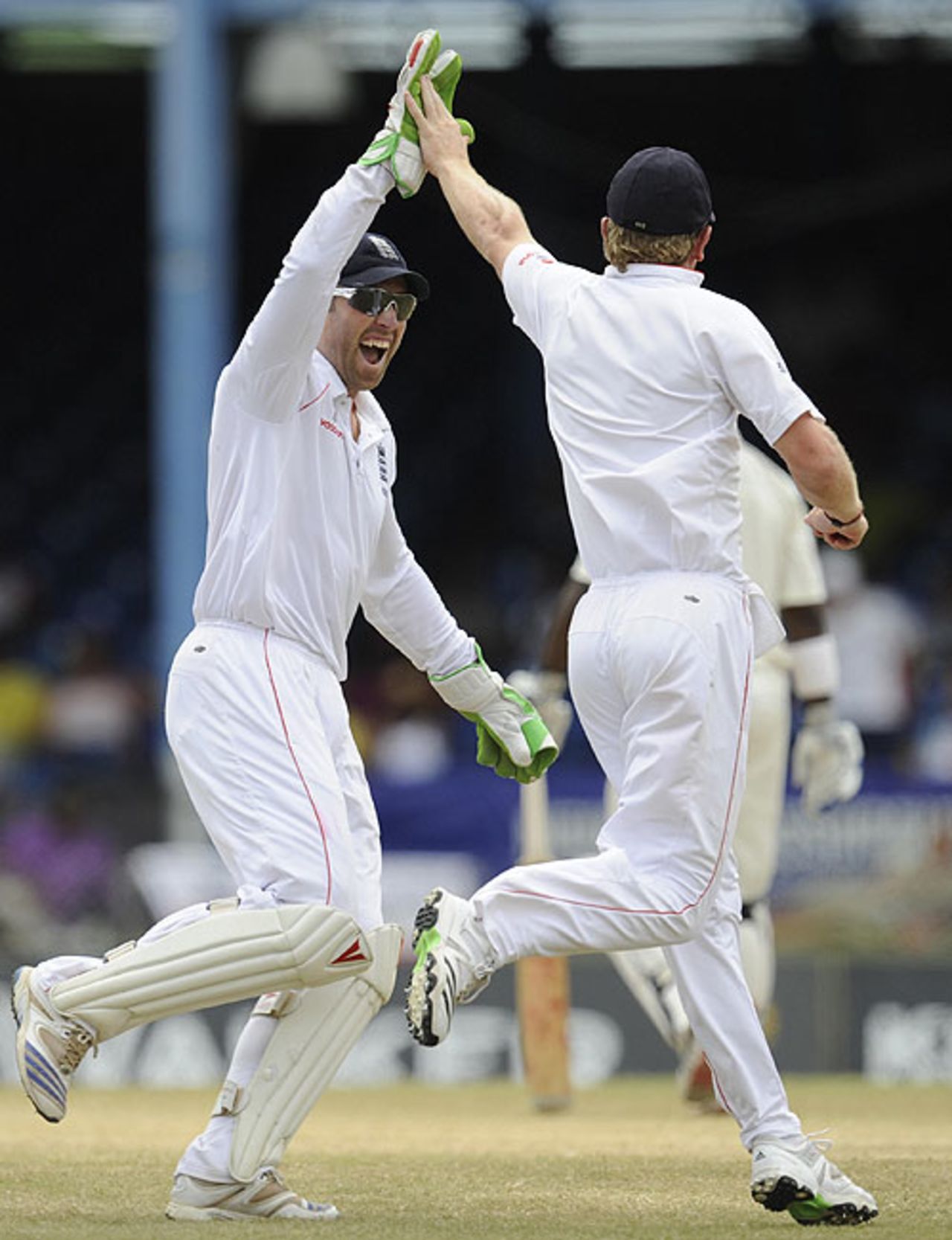 Matt Prior and Paul Collingwood celebrate the removal of Lendl Simmons, West Indies v England, 5th Test, Trinidad, March 10, 2009