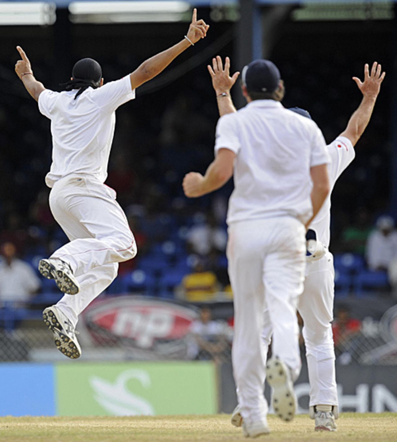 Monty Panesar leaps up to appeal for, and celebrate, the wicket of Ryan Hinds, West Indies v England, 5th Test, Trinidad, March 10, 2009