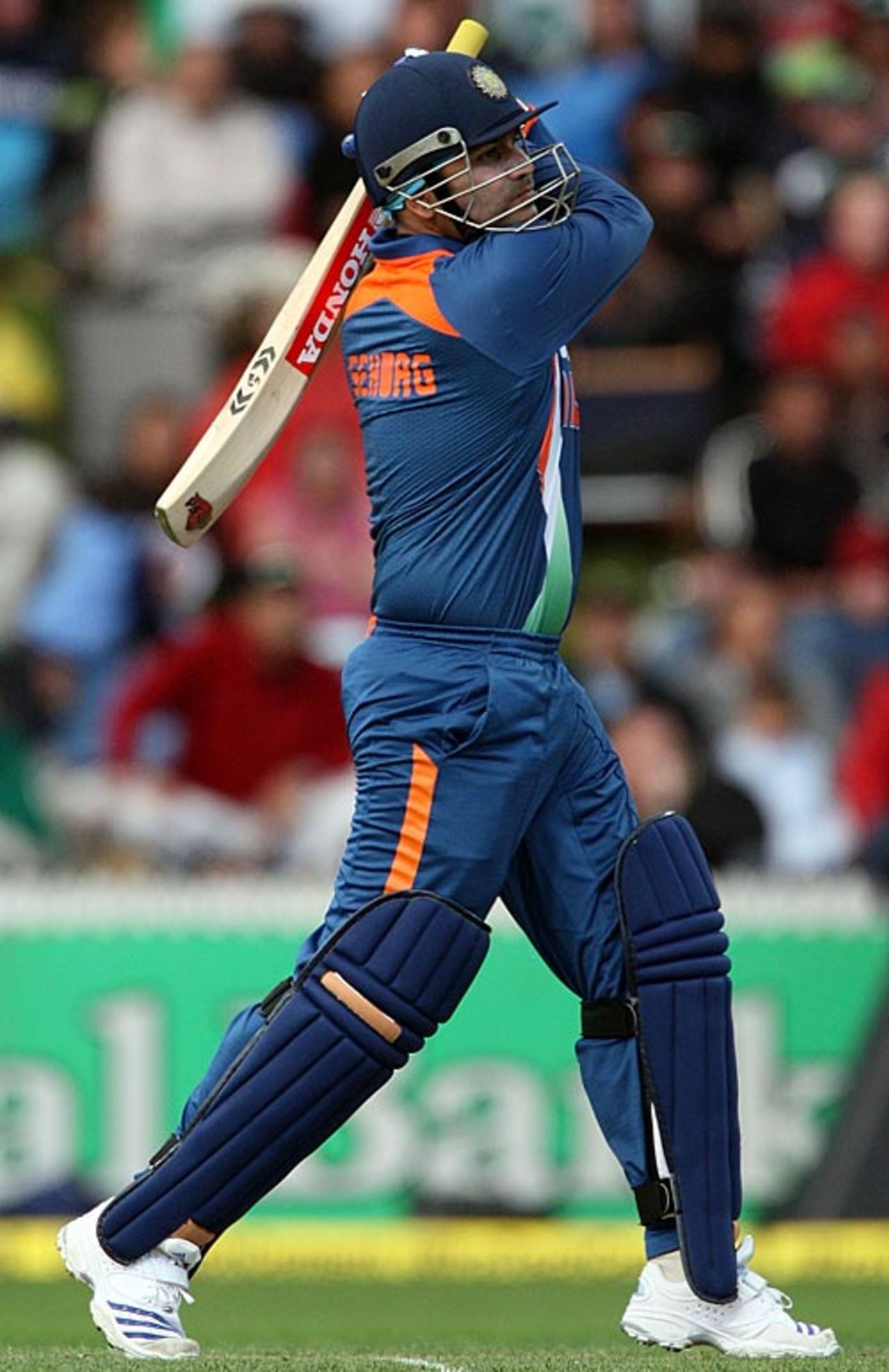 Virender Sehwag hits down the ground, New Zealand v India, 4th ODI, Hamilton, March 11, 2009