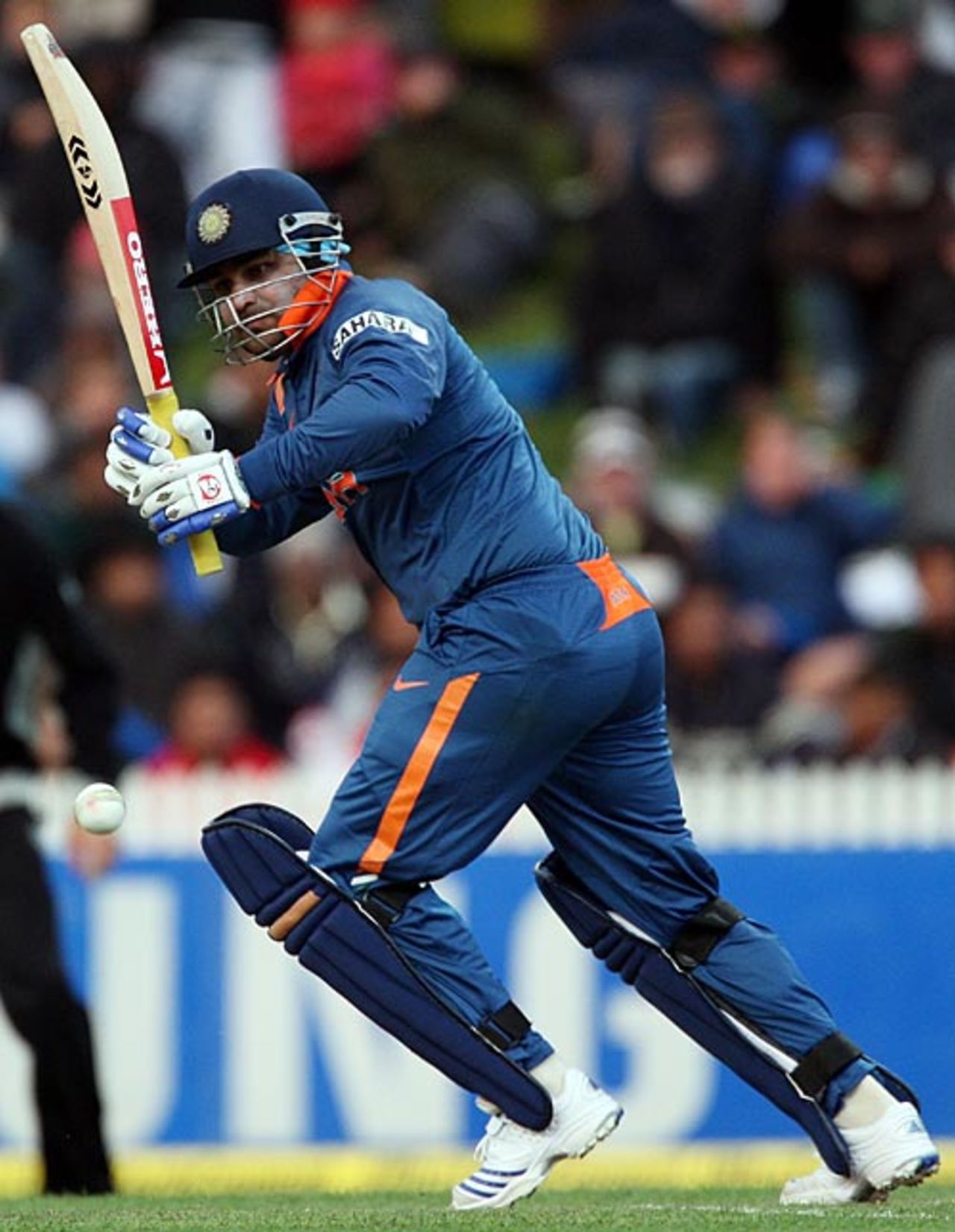 Virender Sehwag plays on the leg side, New Zealand v India, 4th ODI, Hamilton, March 11, 2009