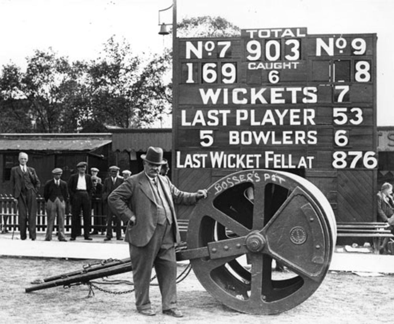 Oval groundsman Bosser Martin with his heavy roller at the end of the 1938 Test which England won by an innings and 579 runs.  The endless rolling by what was known as "Bosser's Pet" helped turn the Oval pitch into a bowlers' graveyard, England v Australia, 5th Test, The Oval, August 24, 1938 