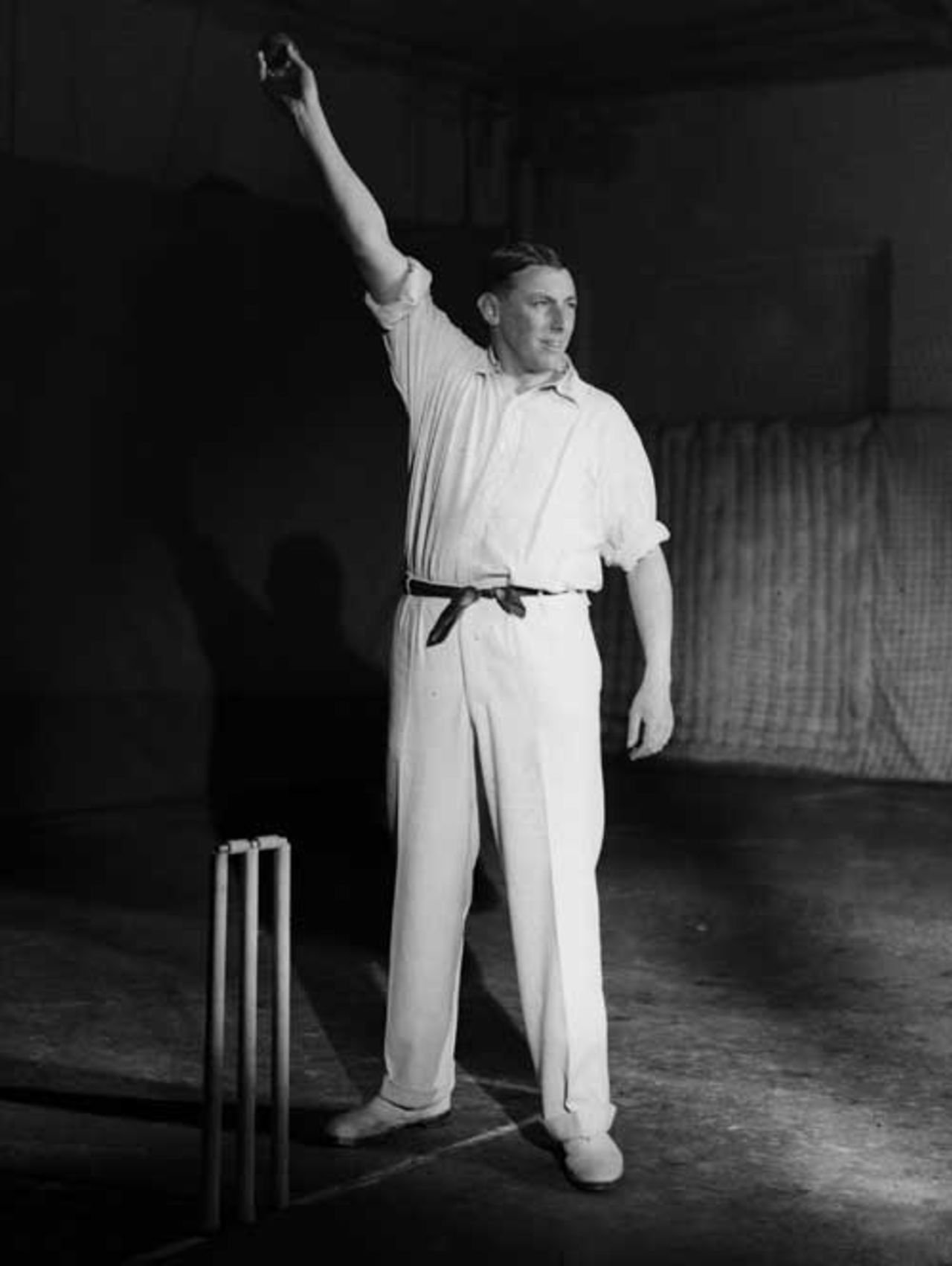 Maurice Tate gives a demonstration of bowling technique, 18 February, 1930