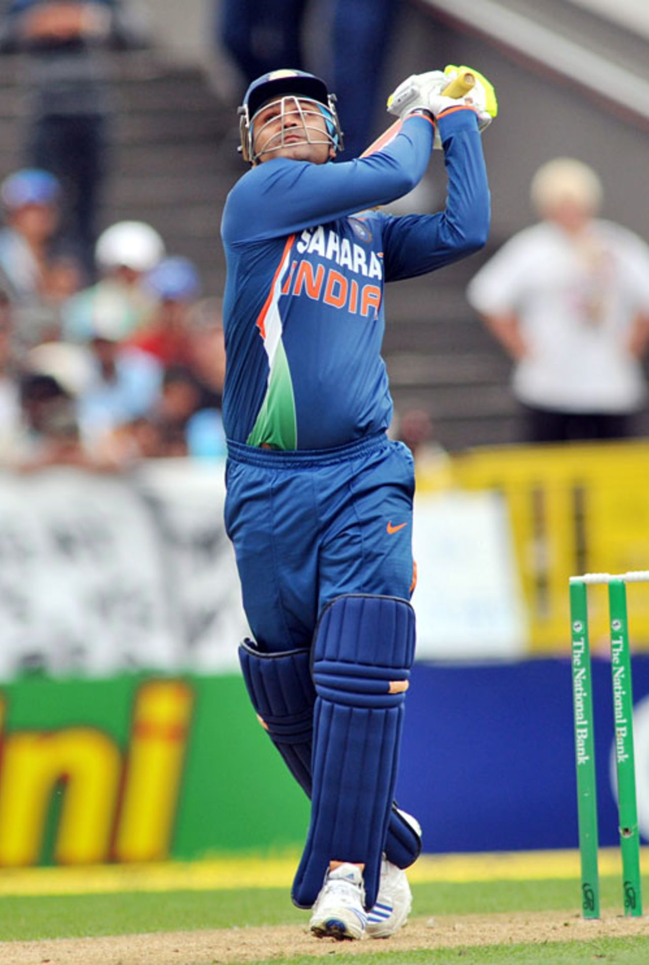 Virender Sehwag attempts a slog, New Zealand v India, 5th ODI, Auckland, March 14, 2009