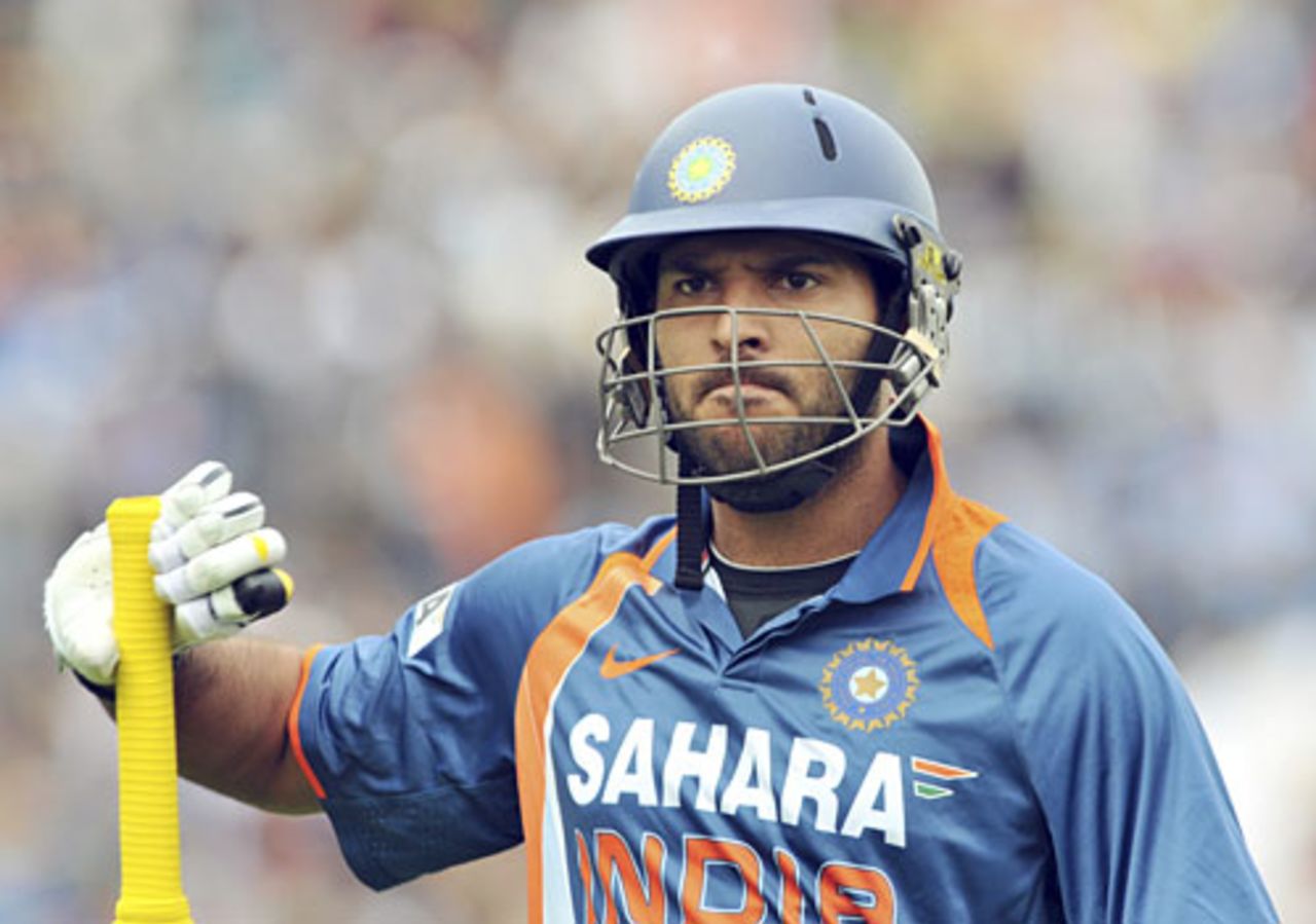 Yuvraj Singh trudges back after edging a catch off Jesse Ryder, New Zealand v India, 5th ODI, Auckland, March 14, 2009