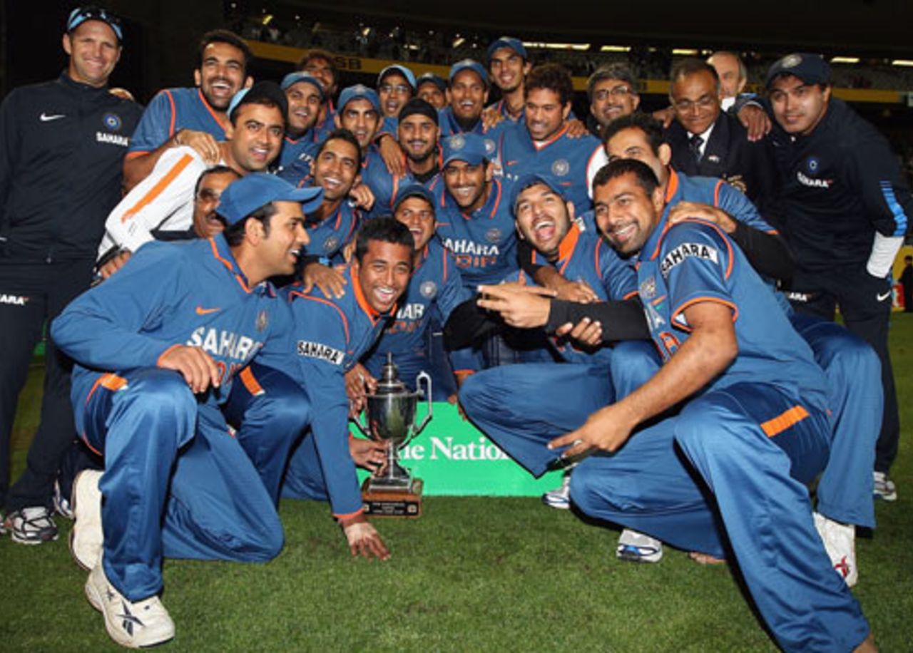 The Indian team rejoice after clinching their maiden one-day series in New Zealand, New Zealand v India, 5th ODI, Auckland, March 14, 2009