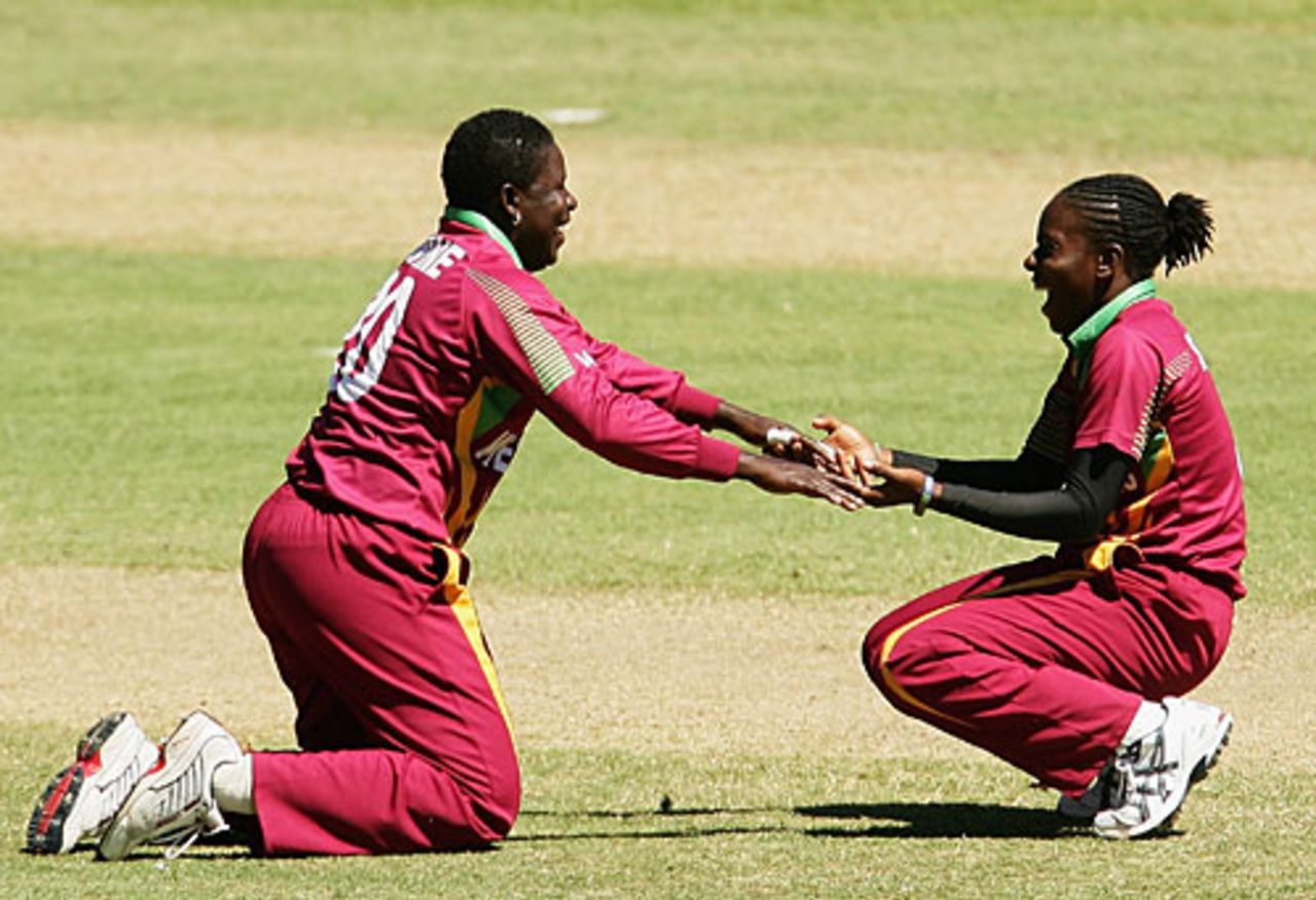 Pamela Lavine and Shakera Selman celebrate Claire Taylor's wicket, England v West Indies, Super Six, women's World Cup, Sydney, March 17, 2009