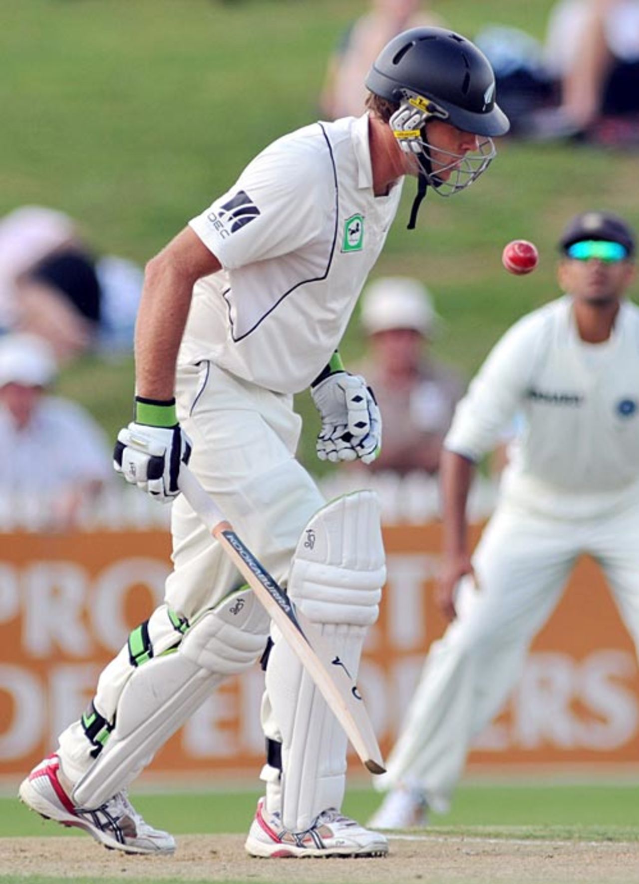 Tim McIntosh plays one that bounces a bit more, New Zealand v India, 1st Test, Hamilton, 1st day, March 18, 2009