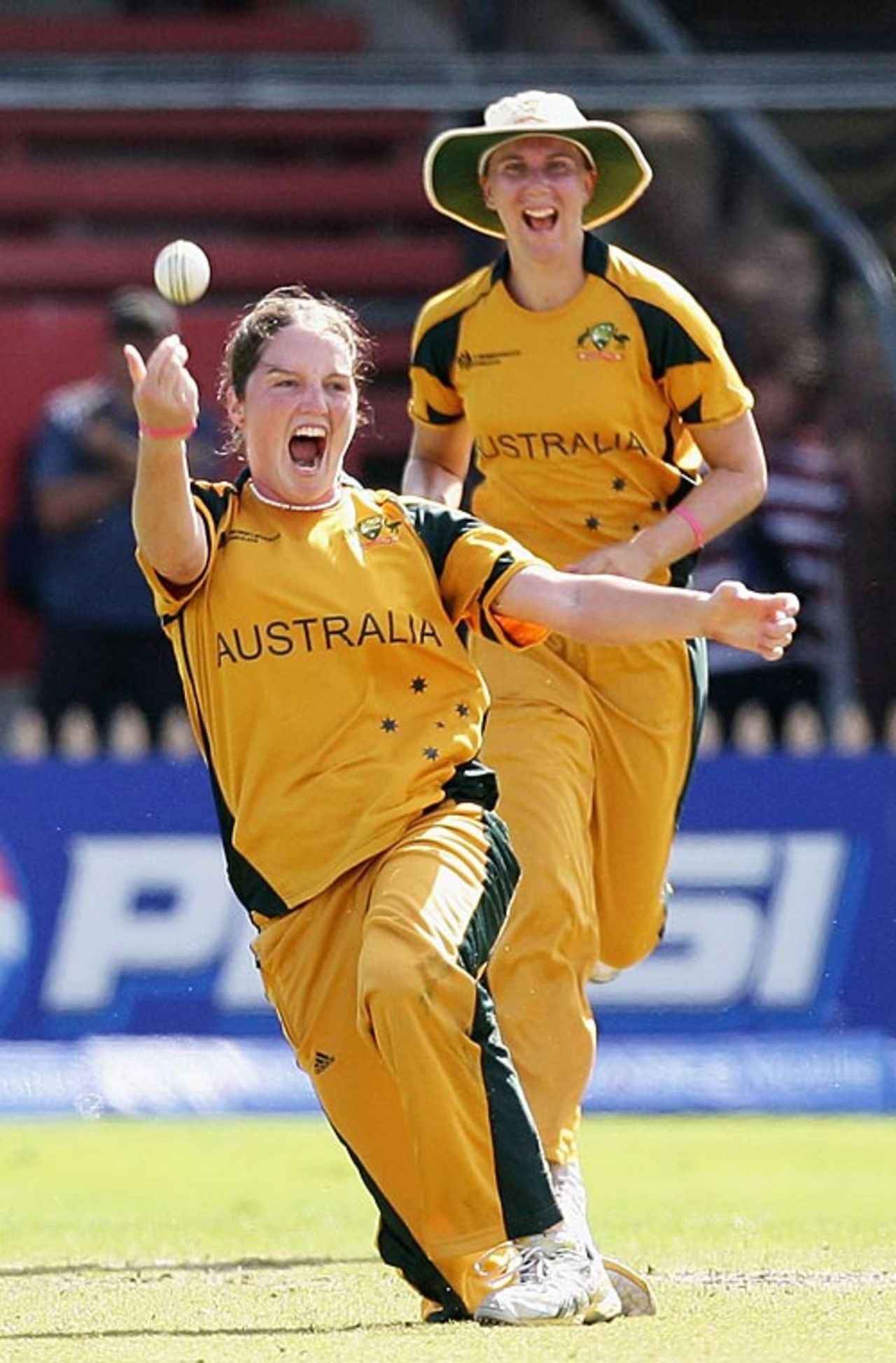 Rene Farrell celebrates a caught and bowled, Australia v England, women's World Cup, Super Six, North Sydney Oval, March 19, 2009