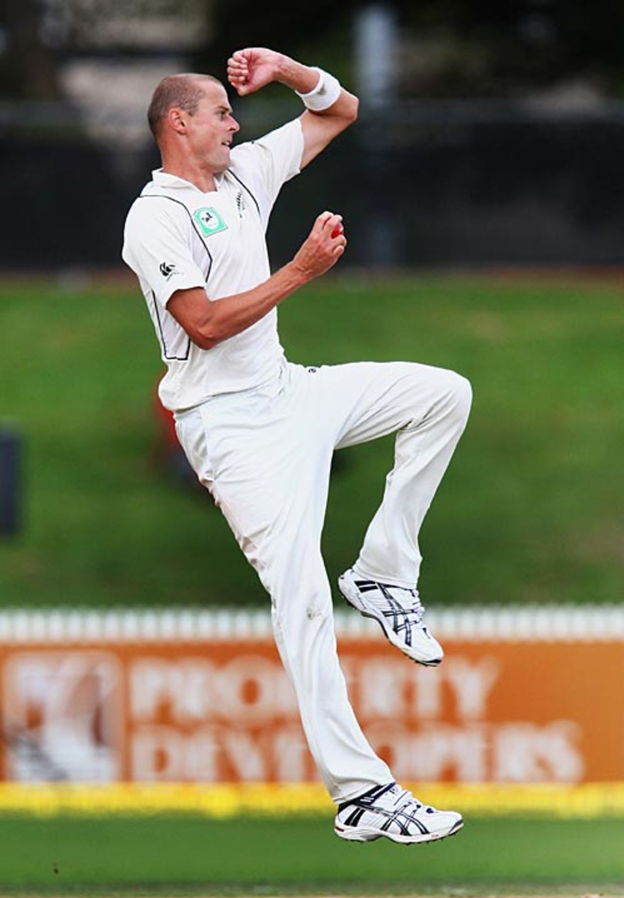 Chris Martin bowls, New Zealand v India, 1st Test, Hamilton, 2nd day, March 19, 2009