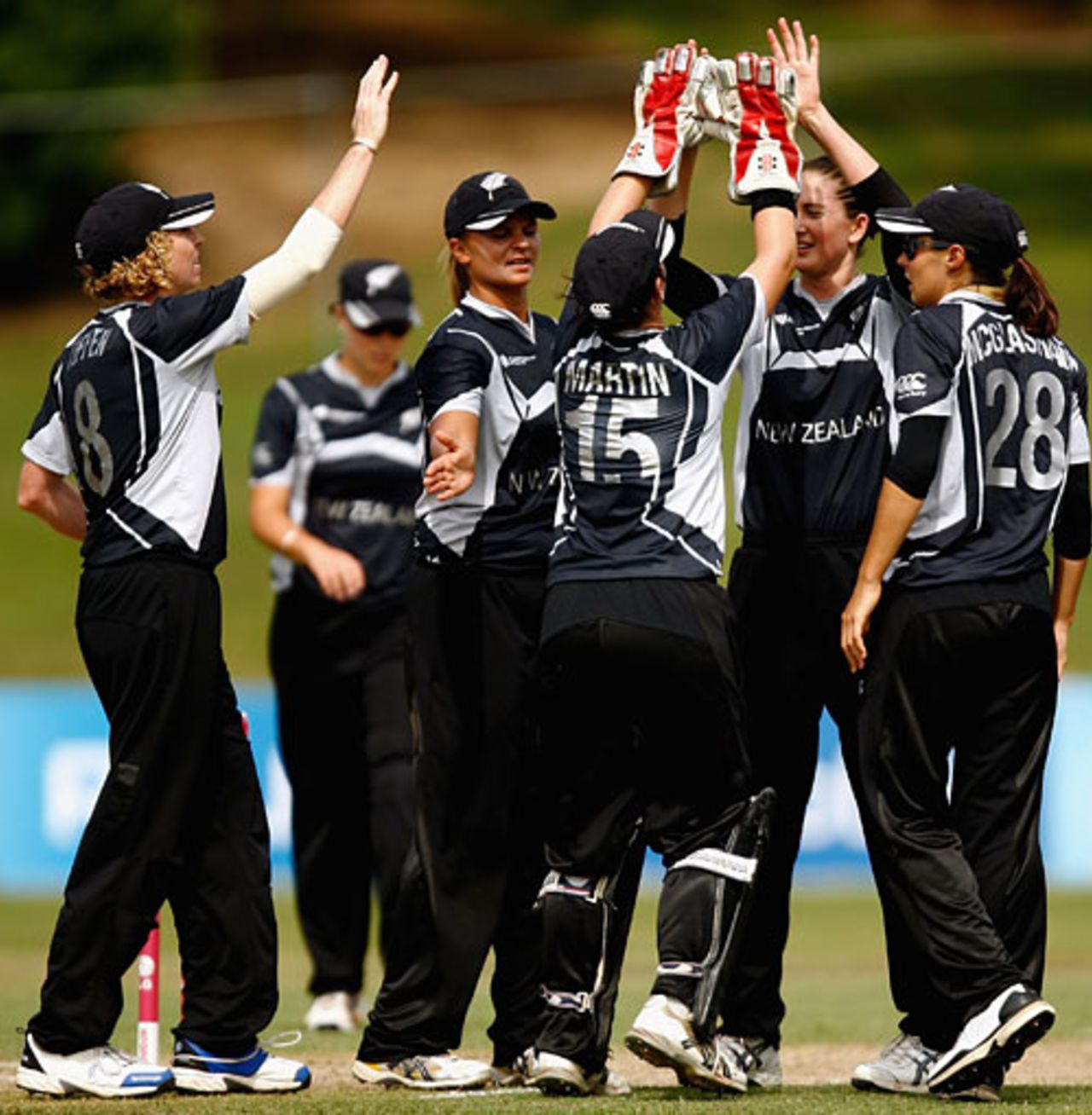 The New Zealand team celebrates a wicket, New Zealand v Pakistan, women's World Cup, Super Six, Drummoyne Oval, Sydney, March 19, 2009