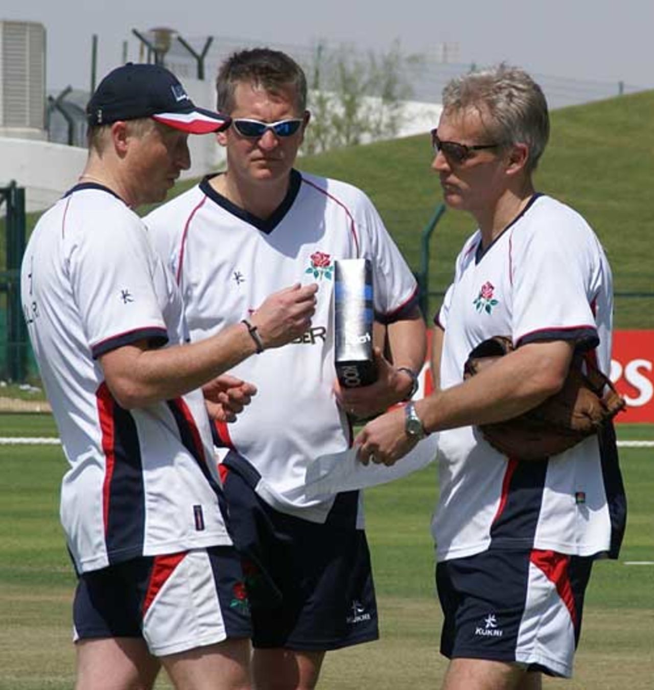 Lancashire's new coach Peter Moores discusses his plans with Glen Chapple and Gary Yates, Lancashire v Sussex, Pro Arch Trophy, Abu Dhabi, March 19, 2009